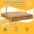 Outsunny Wooden Kids Sandbox With Cover, Children Outdoor Sand Box With Foldable Bench Seats, Adjustable Canopy, Bottom Liner For Outdoor, Brown Colorful Polyester