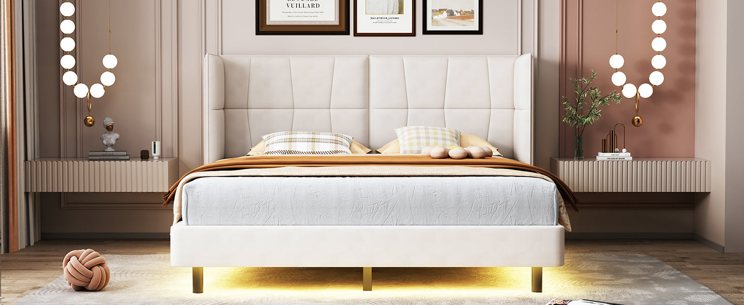 Queen Size Upholstered Platform Bed With Led Lights And U Shaped Headboard, Linen Fabric, Beige Queen Beige Wood Metal