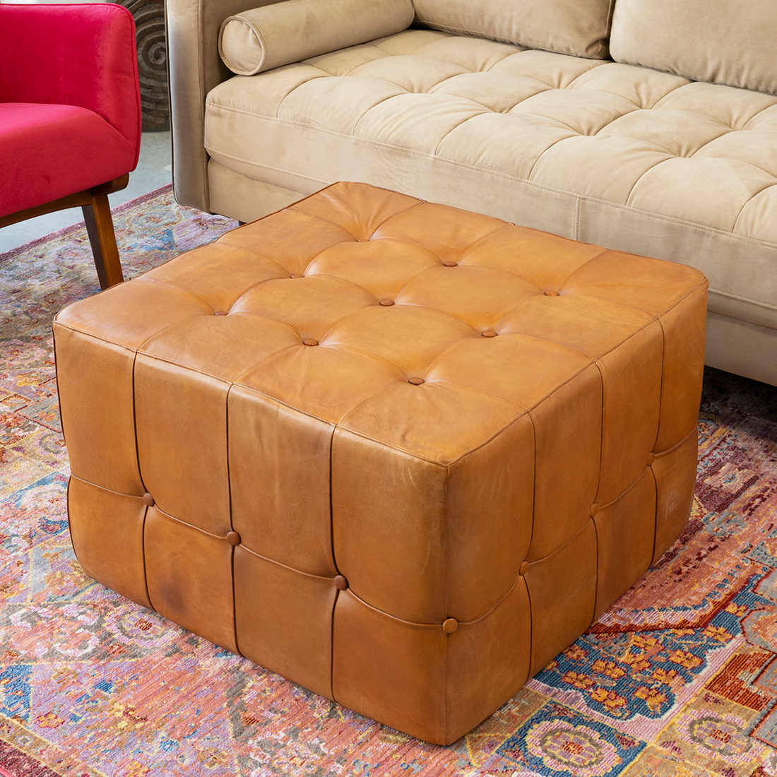 Benjiro Square Tan Leather Ottoman Brown Brown Genuine Leather Wood Solid Brown Mid Century Modern Rectangle Foam Tufted Genuine Leather,Solid Wood