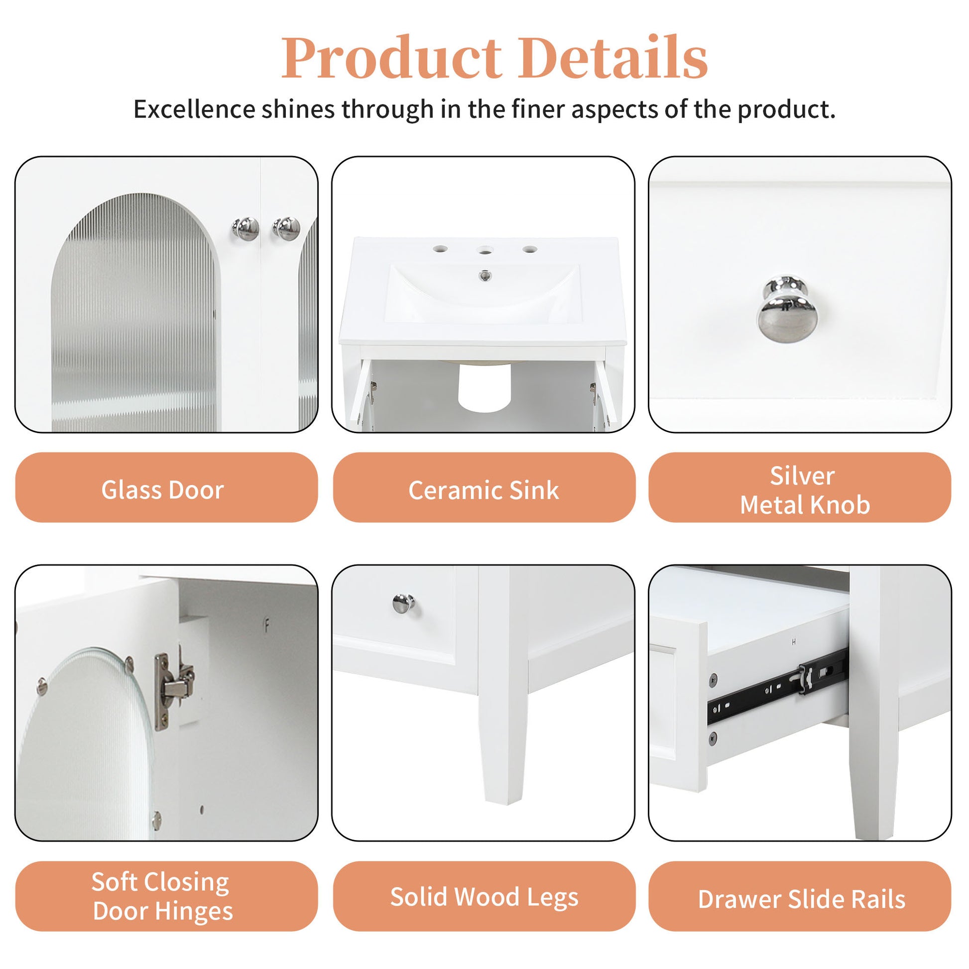 24" Bathroom Vanity With Sink, Bathroom Vanity Cabinet With One Drawer And Doors, Adjustable Shelf, Solid Wood And Mdf, White White Solid Wood Mdf