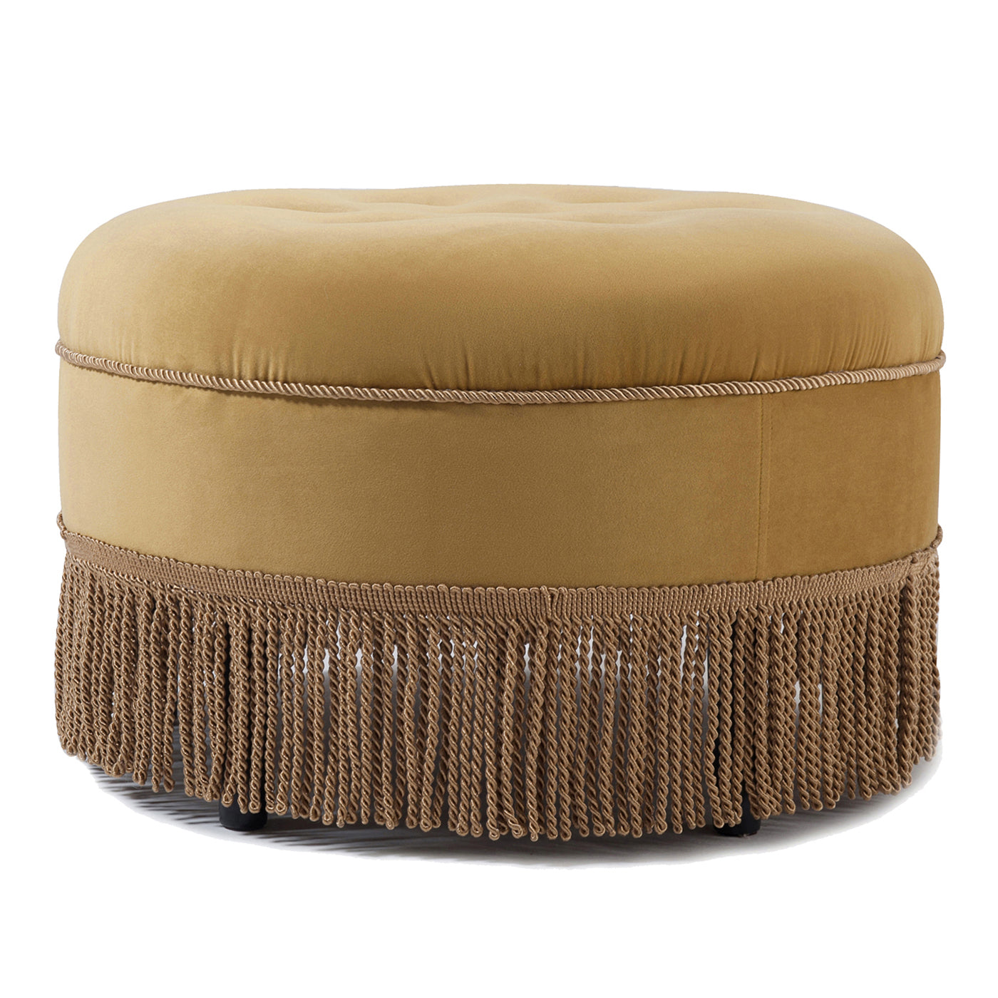 Yolanda 24" Round Upholstered Accent Ottoman, Gold Yellow Velvet With Gold Trim Yellow Foam Velvet