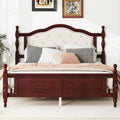 Queen Pine Wooden Bed With Upholstered Headboard And Panel Footboard, With Two Bed Rail Support Feet And Central Platform Support Feet ,Classic Cherry Queen Cherry Pine