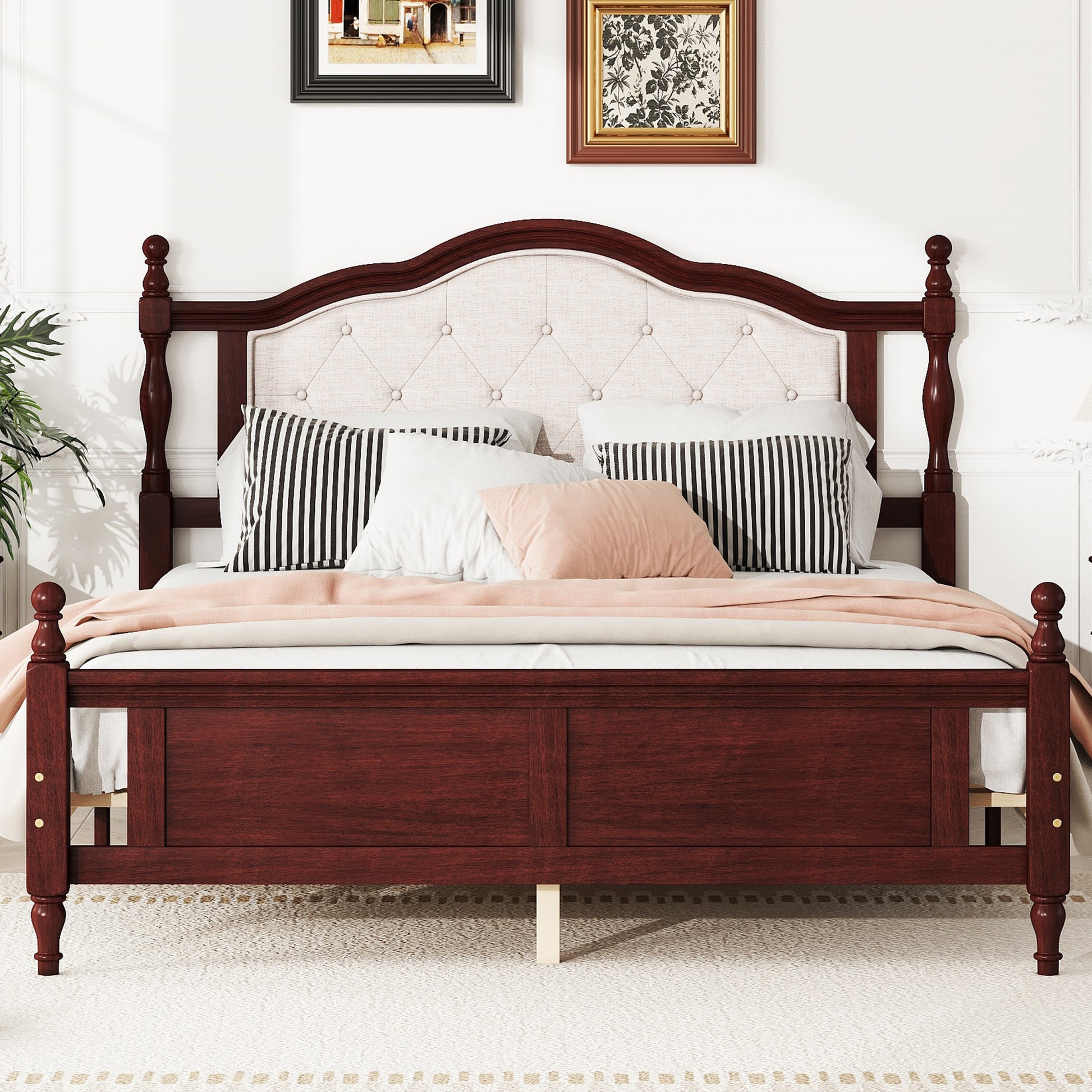 Queen Pine Wooden Bed With Upholstered Headboard And Panel Footboard, With Two Bed Rail Support Feet And Central Platform Support Feet ,Classic Cherry Queen Cherry Pine