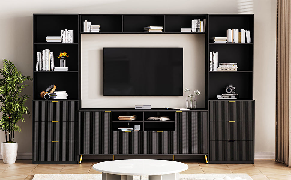 4 Piece Entertainment Wall Unit With 13 Shelves,8 Drawers And 2 Cabinets, Multifunctional Tv Stand Media Storage Cabinet With Fluted Line Surface For Living Room, For Tvs Up To 70" Black 60 69 Inches Mdf