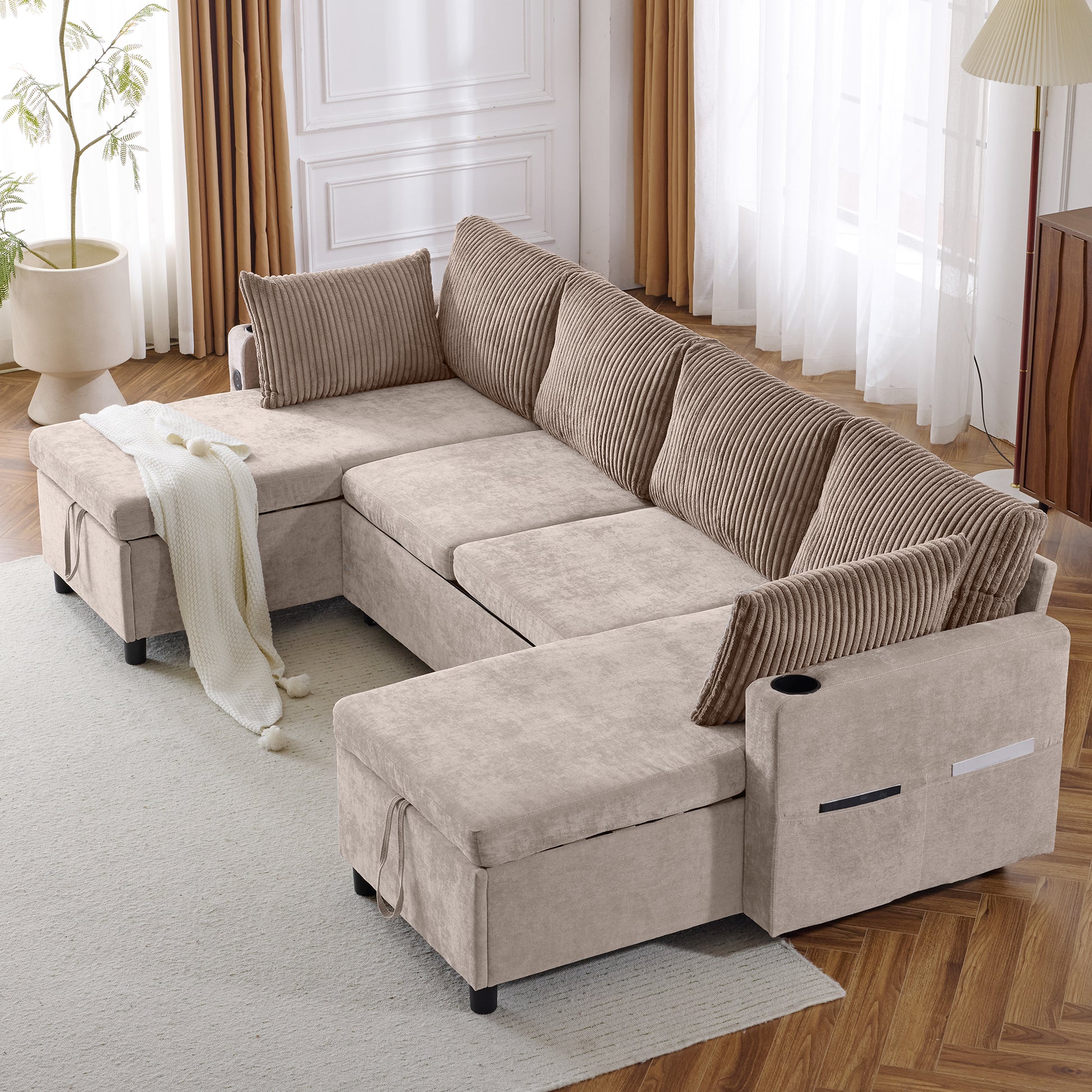 111.8" Sectional Sofa Pull Out Sofa Bed Versatile Sofa Sleeper With Large Storage Space, Two Usb Ports And Two Cup Holders For Living Room, Brown Brown Foam Chenille 4 Seat