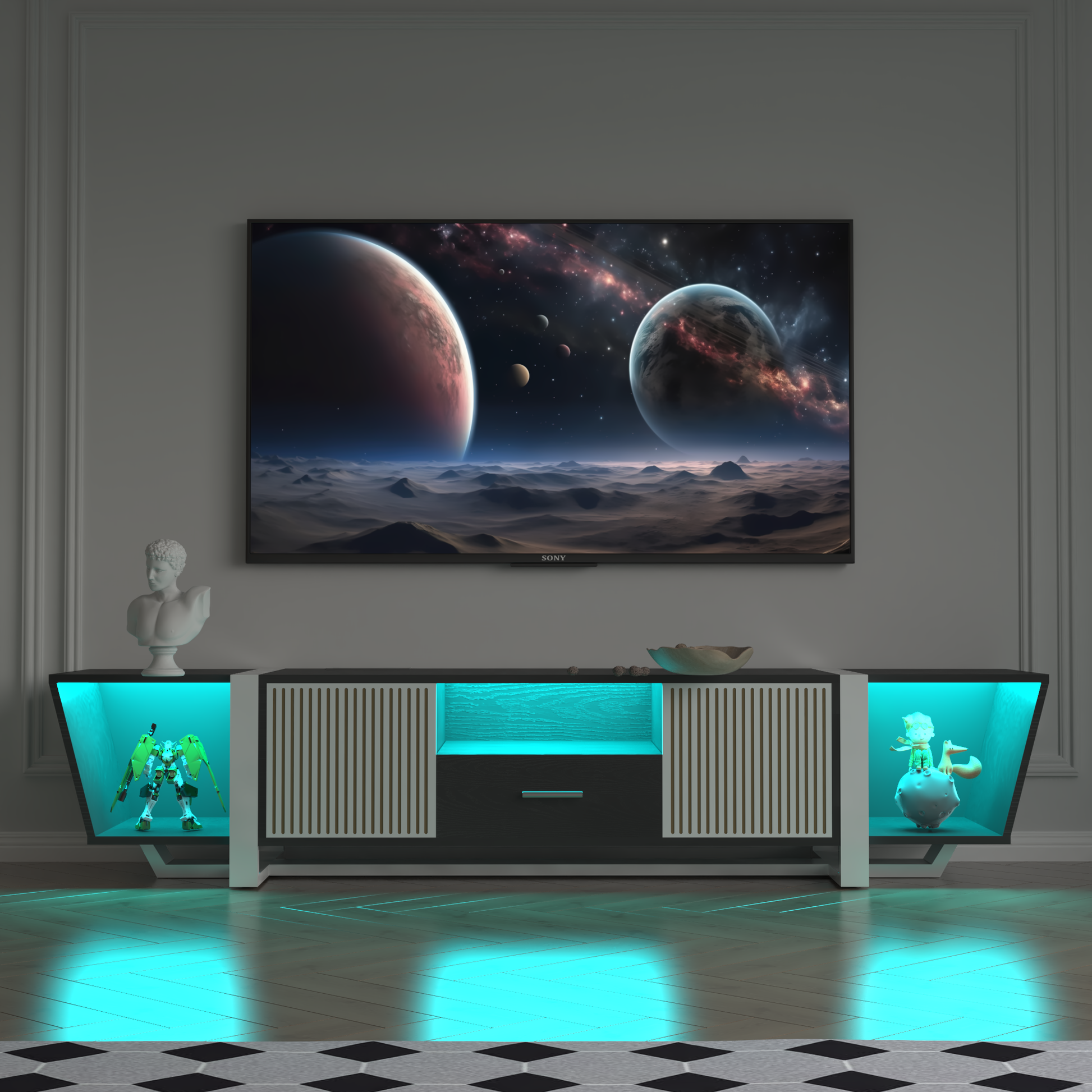 Tv Console With Large Storage Cabinets, Biplane Shape Design Led Tv Stand With Remote Control, Multiple Modes Changing Lights Modern Entertainment Center With Power Cord, Black Black Primary Living Space 70 Inches 60 69 Inches Modern 70 Inches Particle