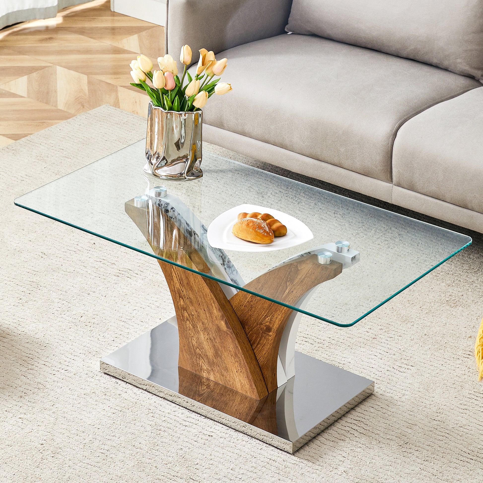 Rectangular Coffee Table.Tempered Glass Countertop, And Artistic Mdf Legs,Perfect For Hosting Dinners, Conferences, Home, And Office Decorations.White And Wood,Dining Table,Tea Table.Coffee Table.