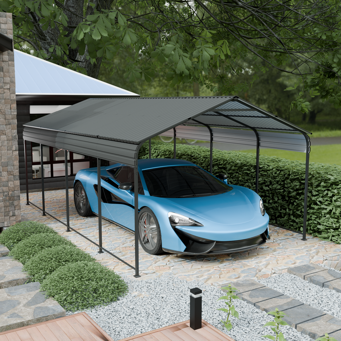 Carport 12X20 Ft Heavy Duty Carport Canopyupdated Frame Structure Galvanized Steel Roof And Enhanced Basemetal Carport Garage For Pickup, Boat, Car And Tractors, Dark Grey Dark Gray Metal