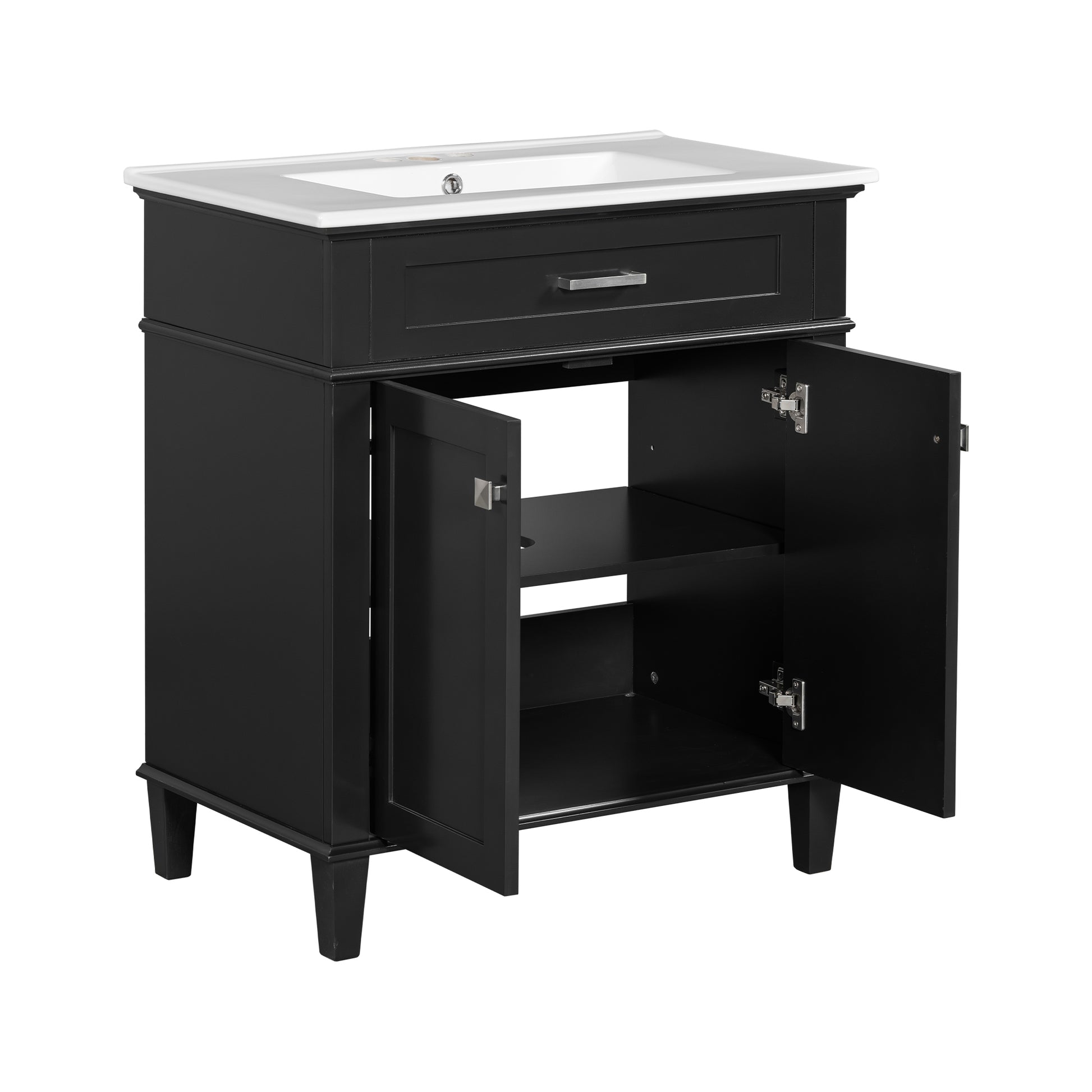 30 Inch Bathroom Vanity With Ceramic Basin, Soft Close Door And Adjustable Shelves Black Bathroom Solid Wood Mdf