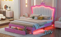 Full Size Upholstered Bed Frame With Led Lights, Modern Upholstered Princess Bed With Crown Headboard, 2 Drawers, Pink White Box Spring Not Required Full Pink White Wood Bathroom Modern Bed Frame Pu