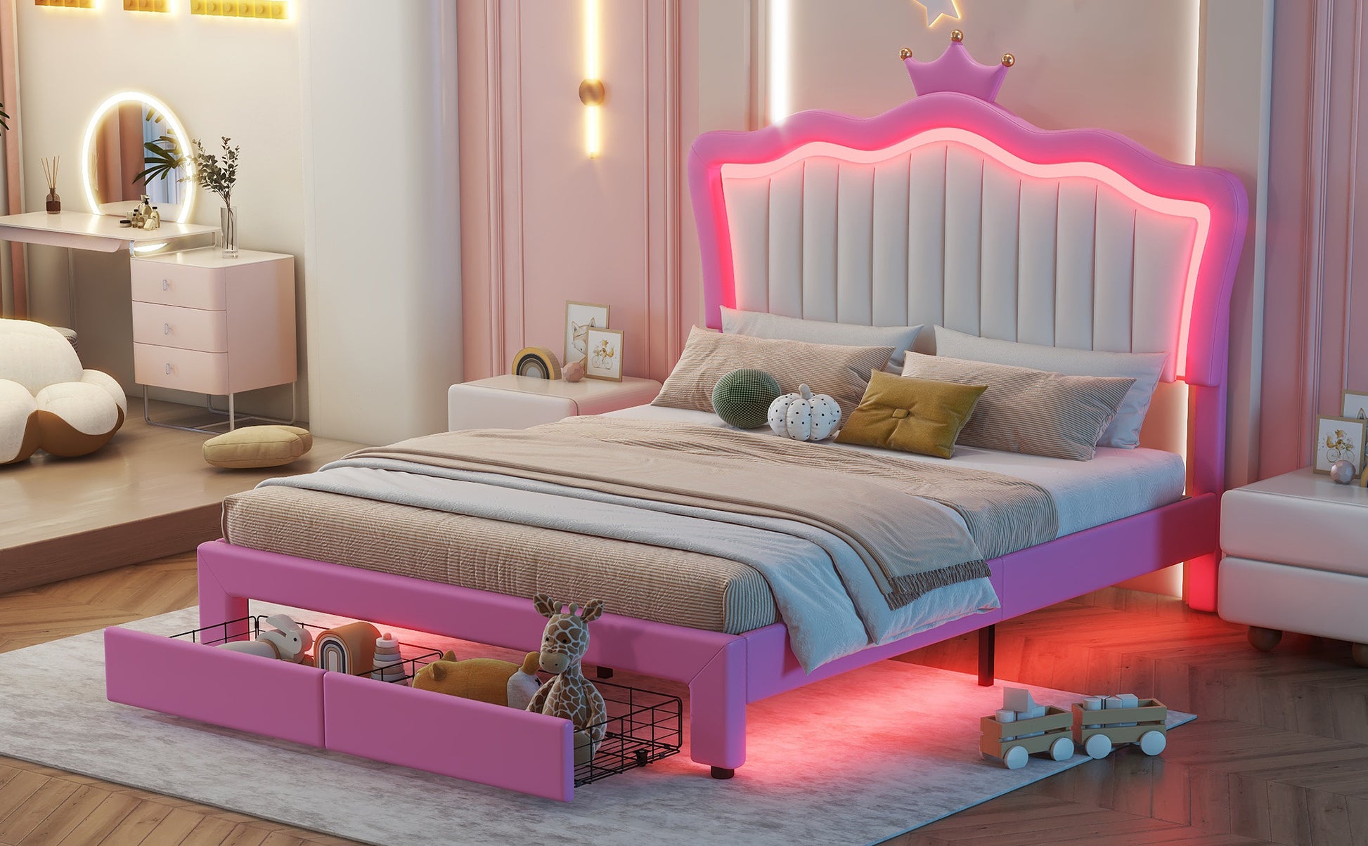 Full Size Upholstered Bed Frame With Led Lights, Modern Upholstered Princess Bed With Crown Headboard, 2 Drawers, Pink White Box Spring Not Required Full Pink White Wood Bathroom Modern Bed Frame Pu
