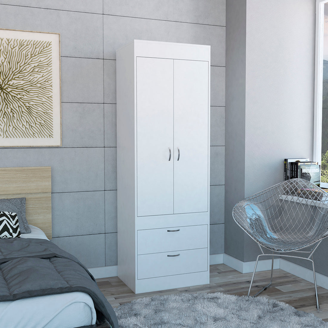 Lisboa Armoire, Rod, Double Door, Two Drawers, Metal Handles White White Bedroom Modern Particle Board