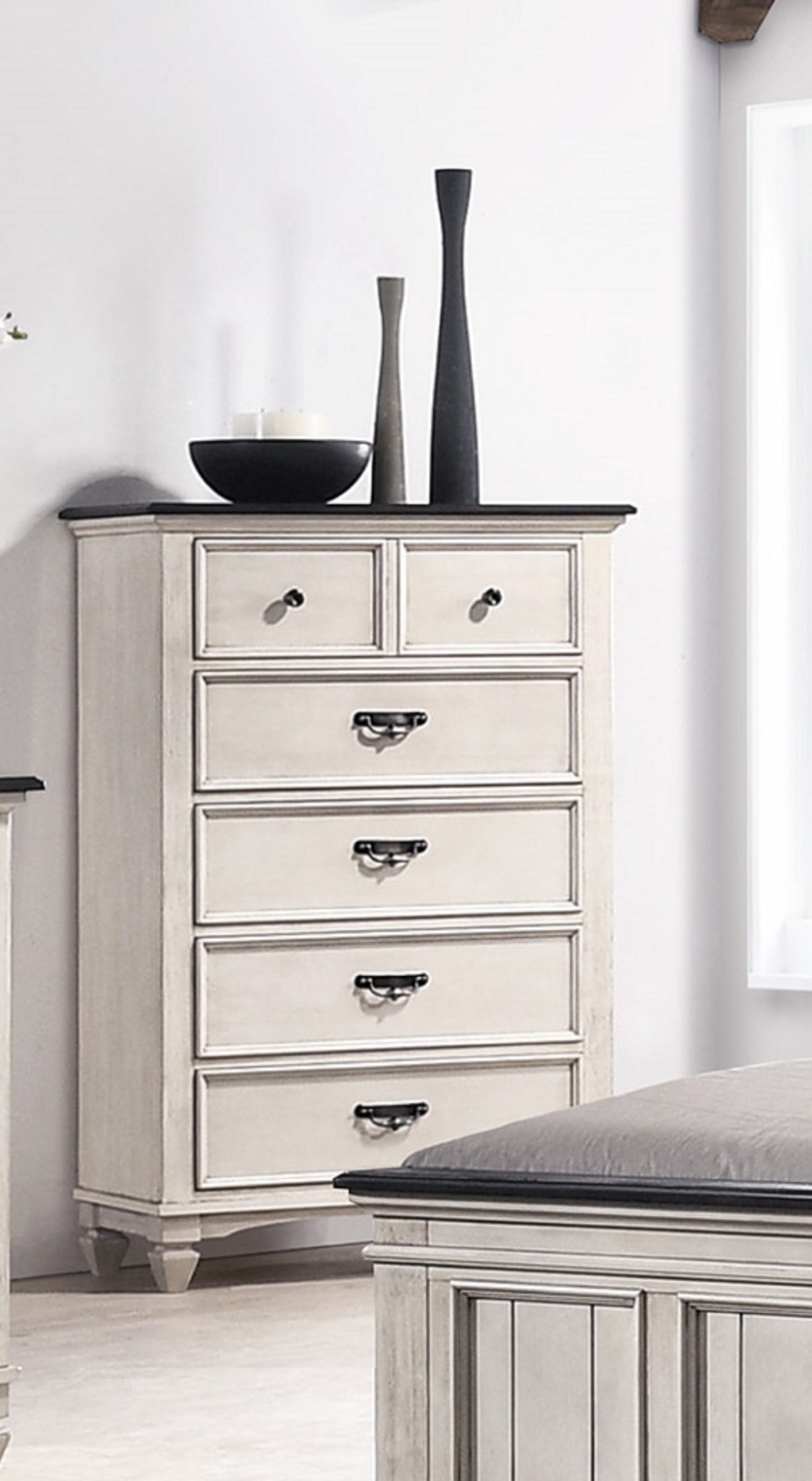 Beautiful Farmhouse Two Tone Finish 1Pc Chest Storage Drawers Bedroom Furniture Black Nickel Hardware Beige Bedroom Farmhouse Solid Wood