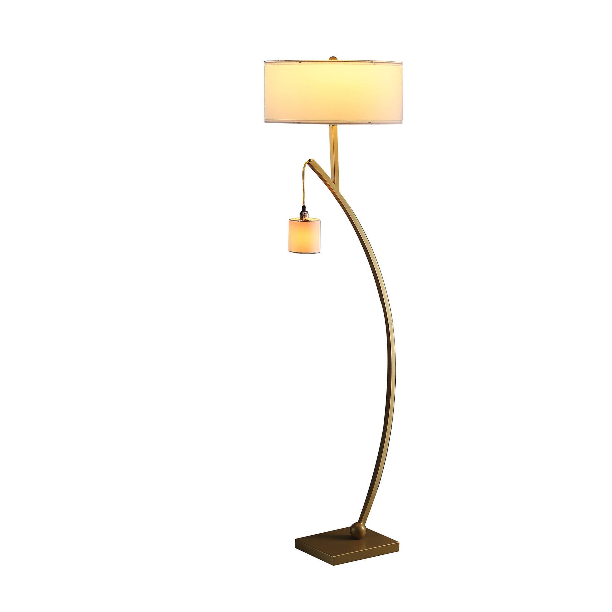 59" In Contemporary Dual Gold Arc W Hanging Pendelum Lamp Metal Floor Lamp Gold Fabric Metal