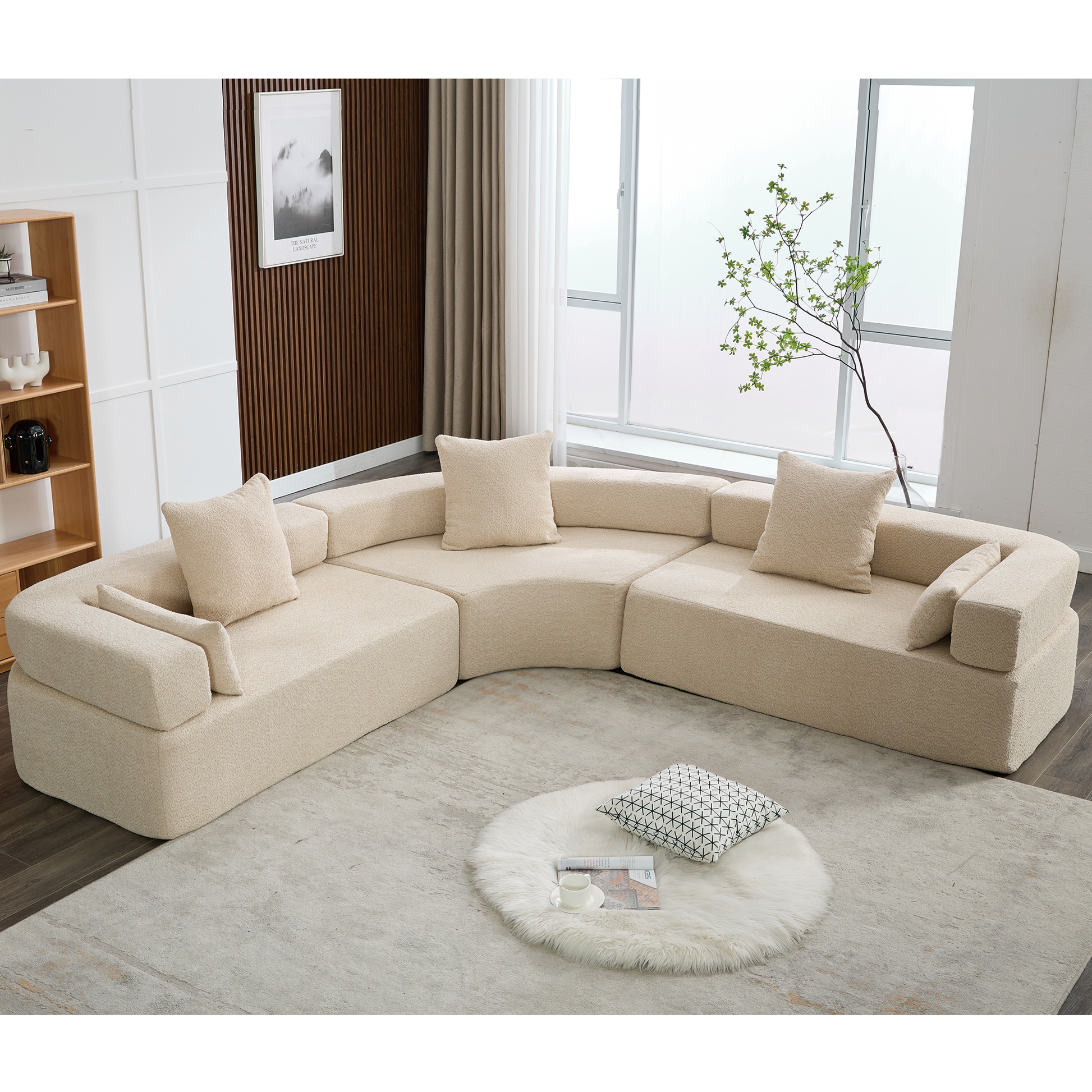 Arrived Oversized Combination Sofa,Curved Sofa,Upholstered 4 Seater Couch For Living Room, Modern Modular 3 Piece Free Combination, Semicircular Modular Sofaboucle, Khaki Khaki Polyester Primary Living Space Soft Tight Back Modern Square Arms Foam