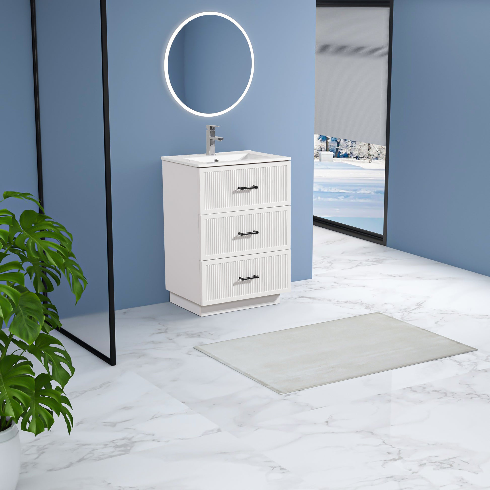 24 Inch Bathroom Vanity With Ceramic Sink Set, Modern Freestanding Bathroom Storage Cabinet With 2 Drawers, Floor Standing Bath Vanity Combo, White White Mdf