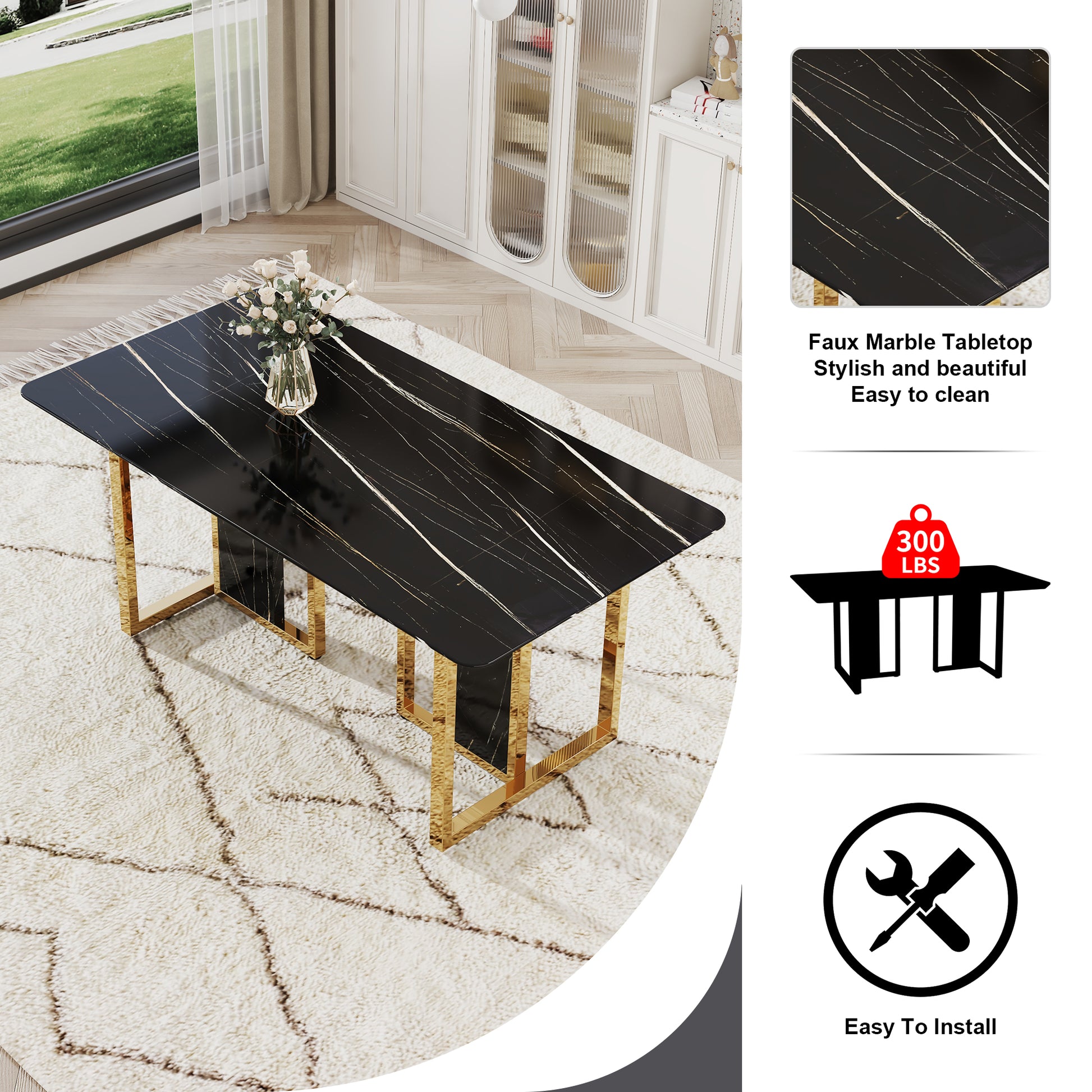 Table And Chair Set. Modern Dining Table With Mdf Top And Beautiful Mdf Legs. Equipped With Comfortable Pu Chairs And Metal Legs. Suitable For A Wide Range Of Decorative Styles. Black Seats 6 Mdf