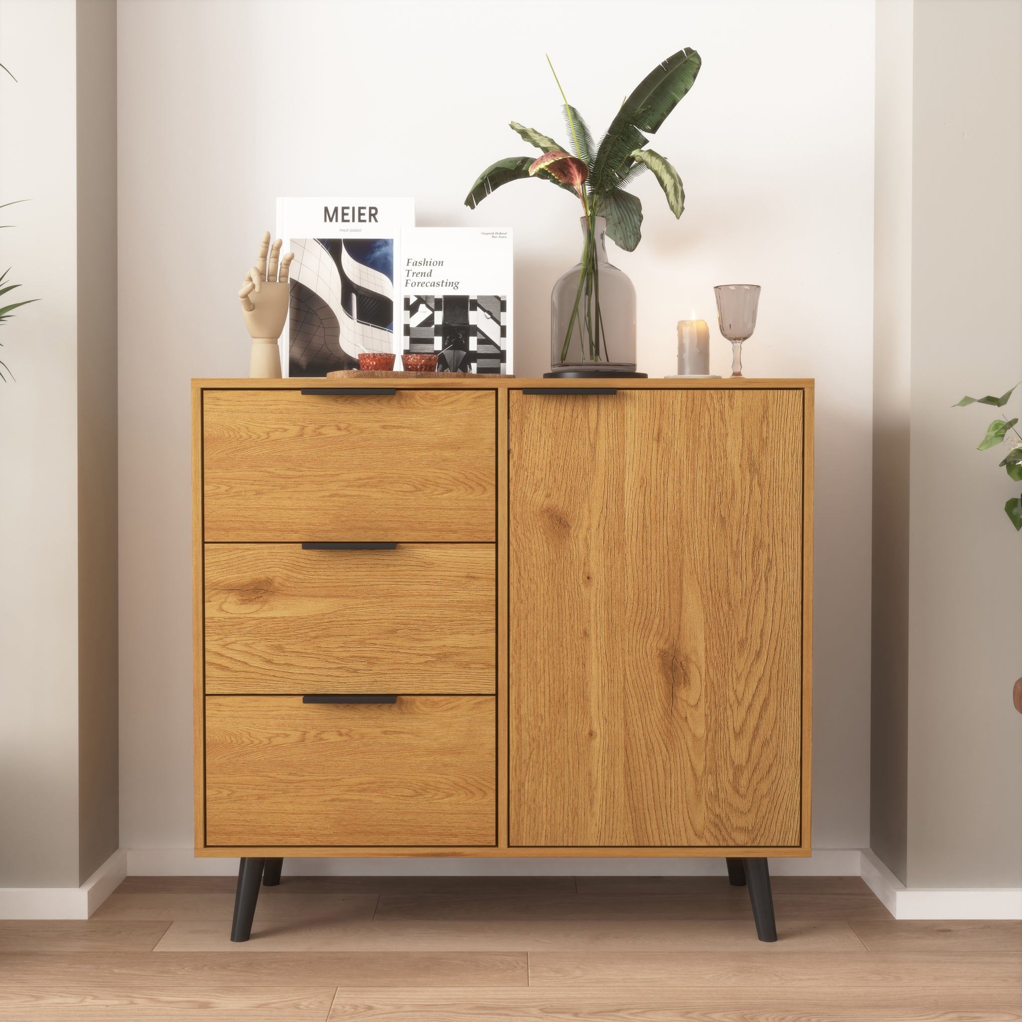 Storage Cabinet With 3 Drawers & Adjustable Shelf, Mid Century Cabinet With Door, Accent Cabinet For Living Room, Home Office, Entryway, Natural Wood Color Natural Wood Particle Board