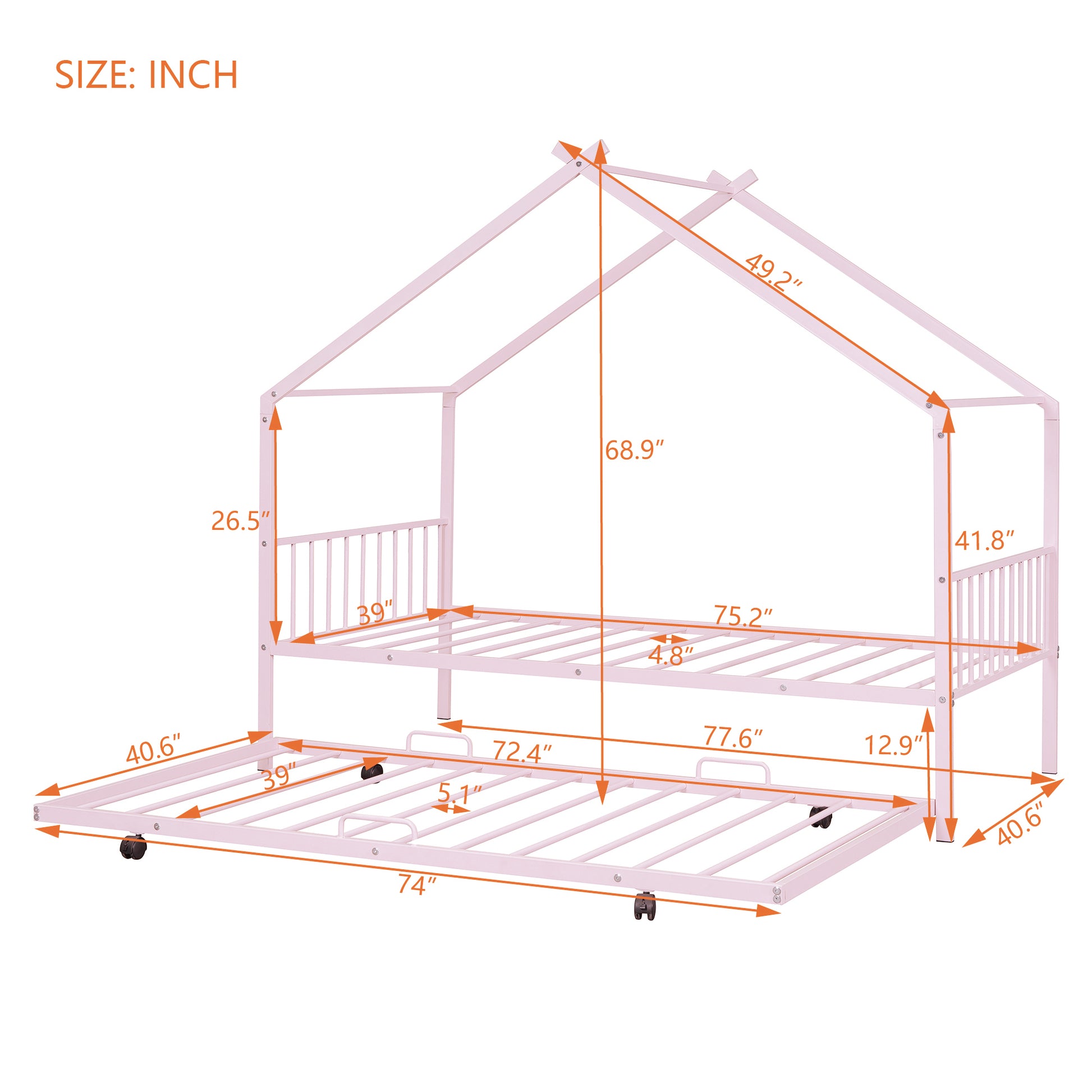 Twin Size Metal House Bed With Twin Size Trundle, Pink Twin Pink Metal