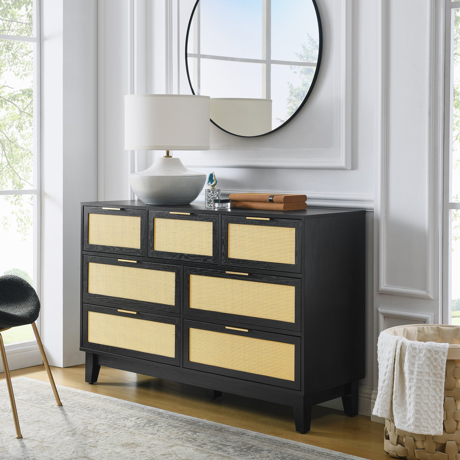 Bedroom 7 Drawer Dresser, Rattan Dresser Modern Wooden Chest Of Drawers With Spacious Storage Space For Bedroom Hallway Living Room Black Solid Wood Mdf