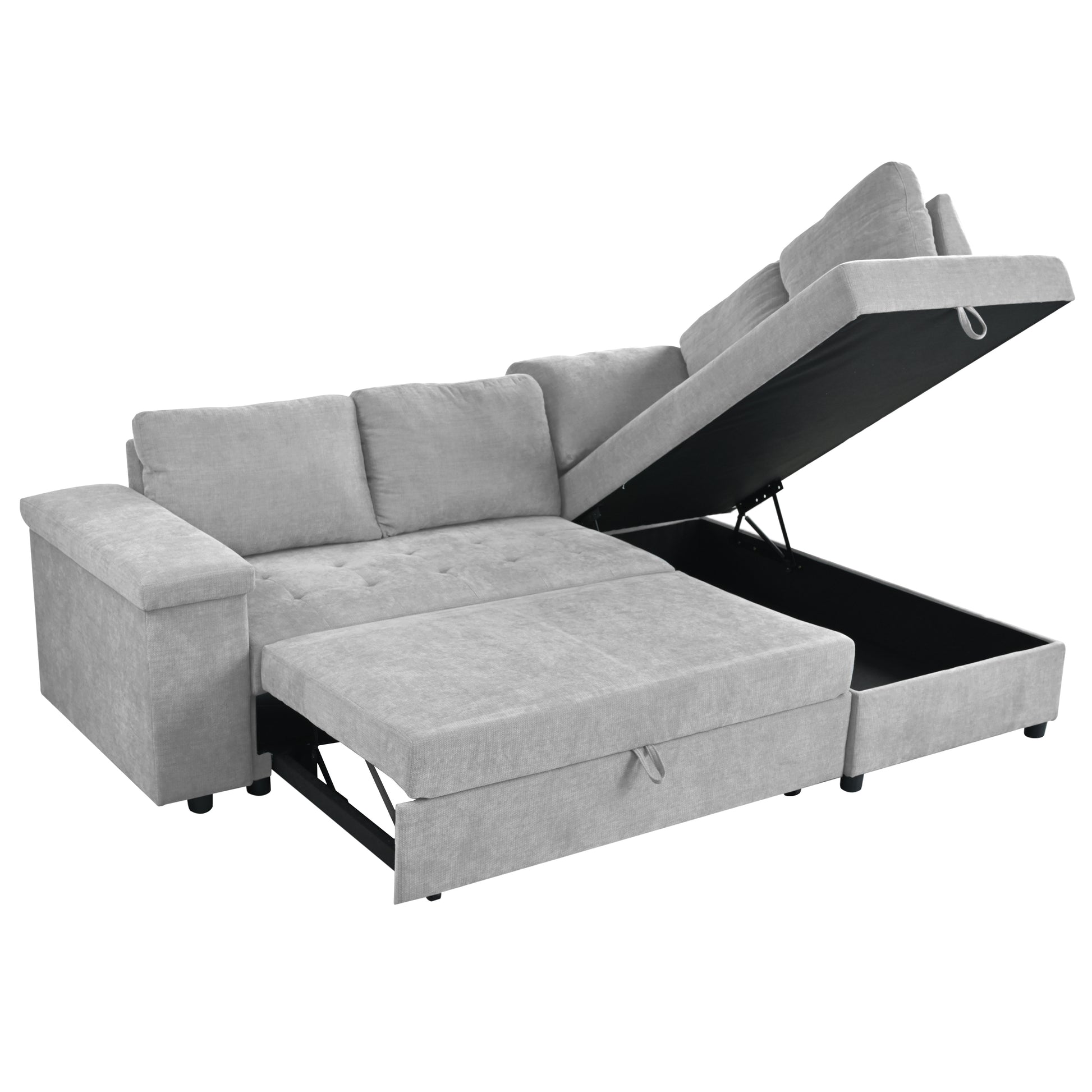 Mirod 91.5 Inch L Shaped Couch With Pull Out Bed And Storage Sectional Sleeper Sofa With Hidden Storagewide Armrest With Storage,For Living Room, Apartment, Bedroom, Office Light Grey Polyester 3