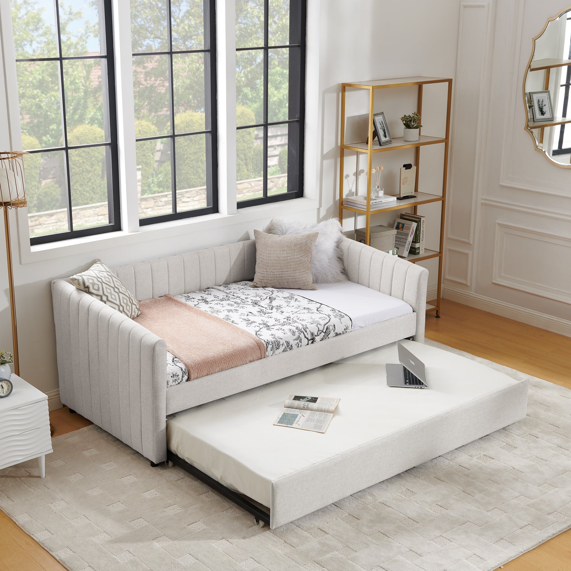 Twin Size Daybed With Trundle Upholstered Sofa Bed, With Vertical Stripes, Linen Fabric, Beige 82.5"X43"X30" Beige Linen