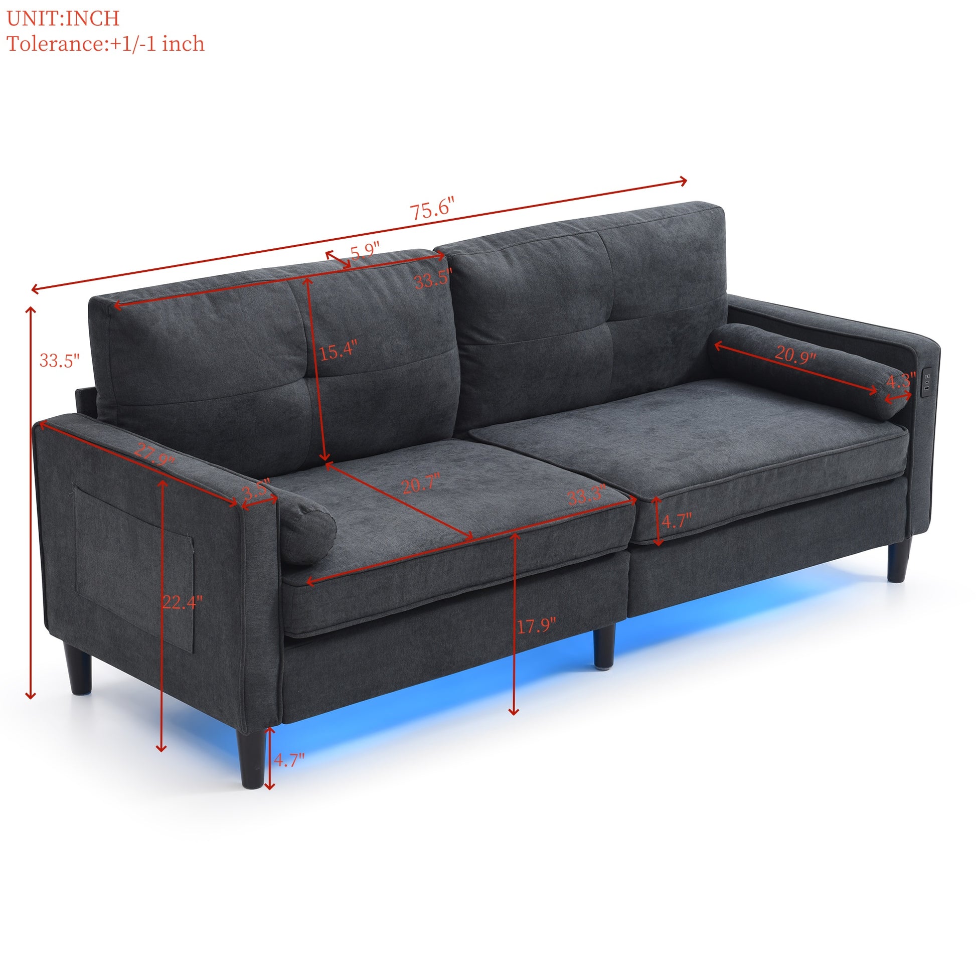 75.2"Inch Modern Sofa Couch With 2 Side Pockets, Modern Sofa With 2 Usb Ports On The Armrest, Power Sofa Set With Led Lights, Linen Fabric 3 Seat For Living Room, Apartment,Office,Black, 3Colors Black Linen Wood Primary Living Space Modern Foam Linen 3