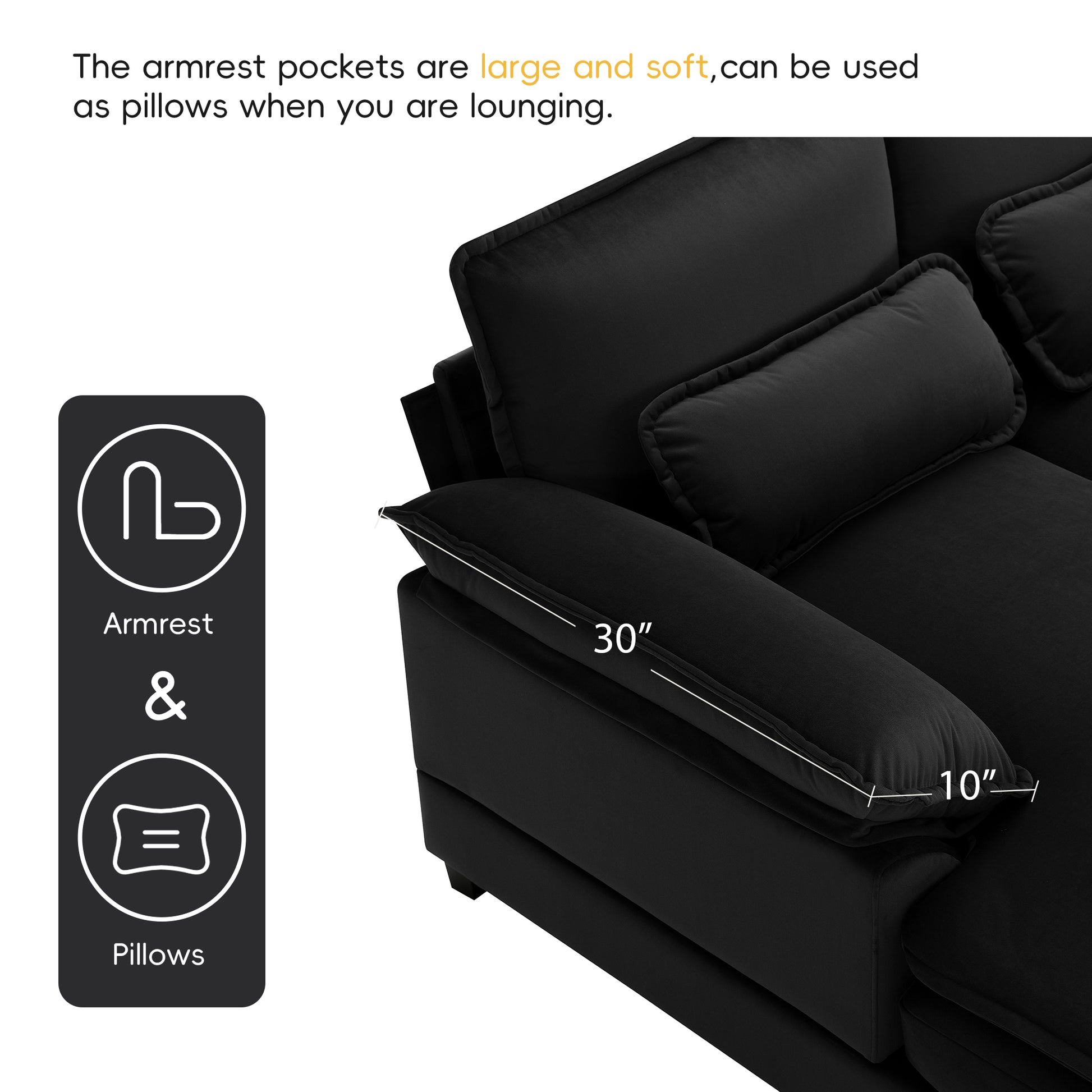 110*55" Modern U Shaped Sectional Sofa With Waist Pillows,6 Seat Upholstered Symmetrical Sofa Furniture,Sleeper Sofa Couch With Chaise Lounge For Living Room,Apartment,5 Colours Black Velvet 6 Seat