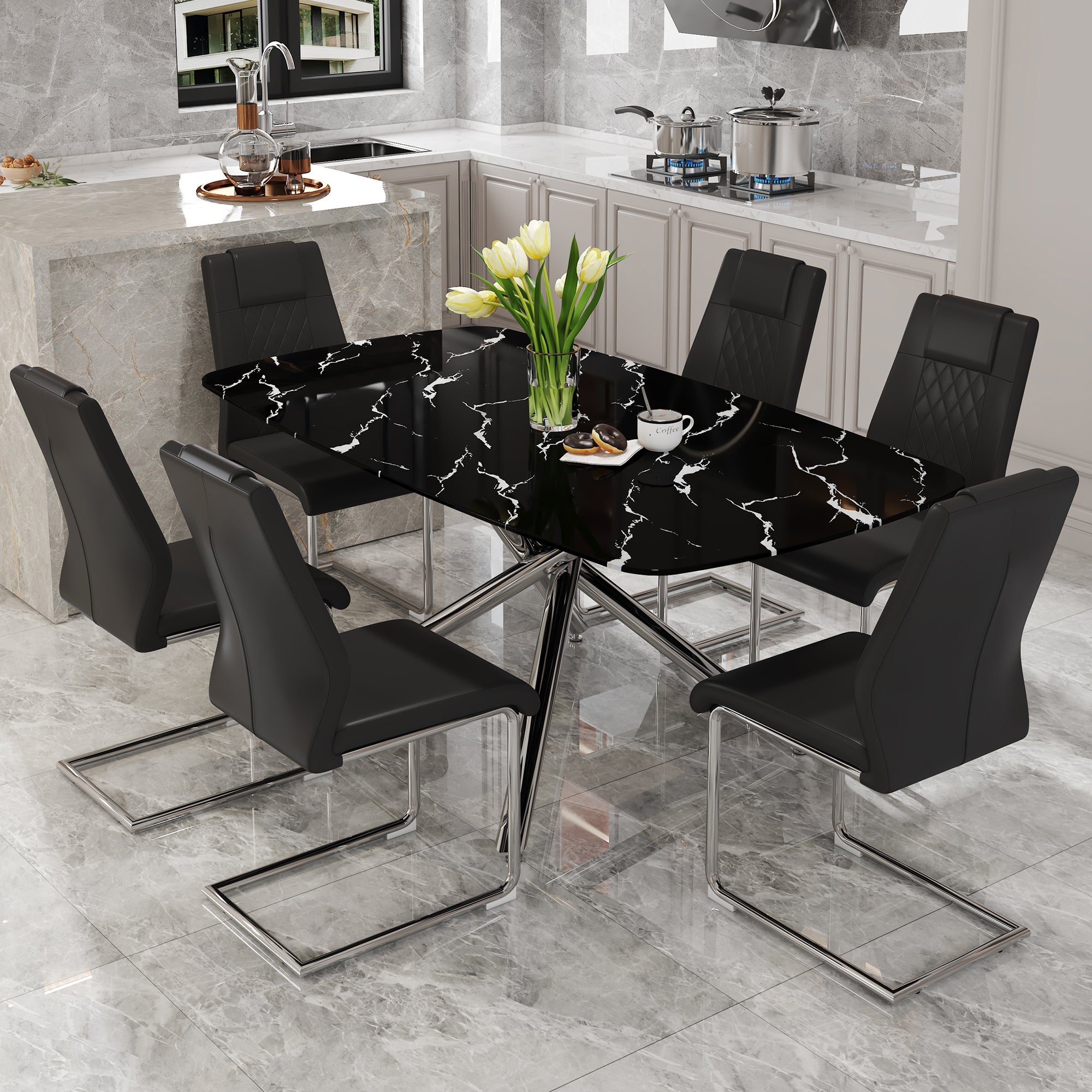 Table And Chair Set, Large Modern Minimalist Rectangular Dining Table, 0.39 "Imitation Marble Tabletop And Silver Metal Legs, Soft Leather Seats. F 1537 Silver Glass Metal