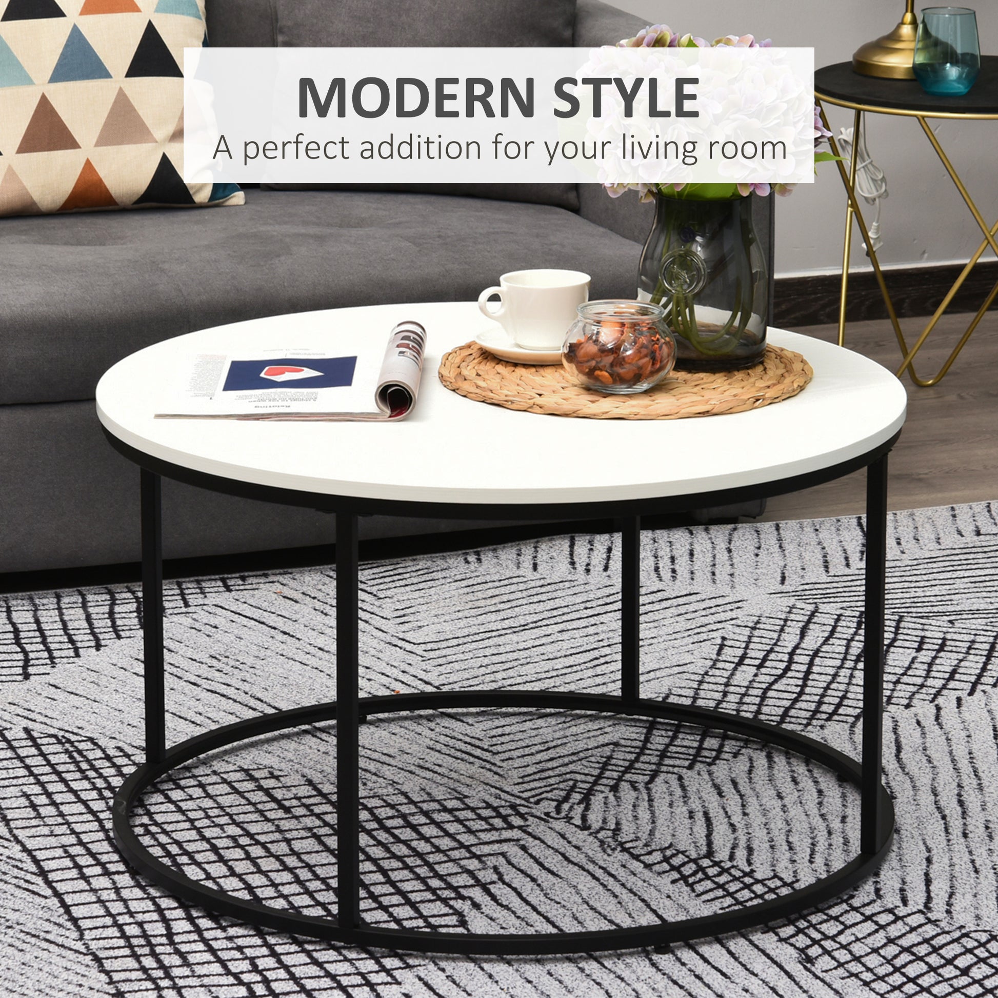 Homcom Round Coffee Table, 32 In Modern Center Table With Black Metal Frame, Coffee Tables For Living Room, White White Metal