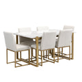 Modern Dining Table Set For 6 Faux Marble Kitchen Table Set With 6 Upholstered Dining Chairs, 7 Piece, White Golden Metal Dining Room Fixed Table Rectangular Dining Table With Chair And Bench Metal