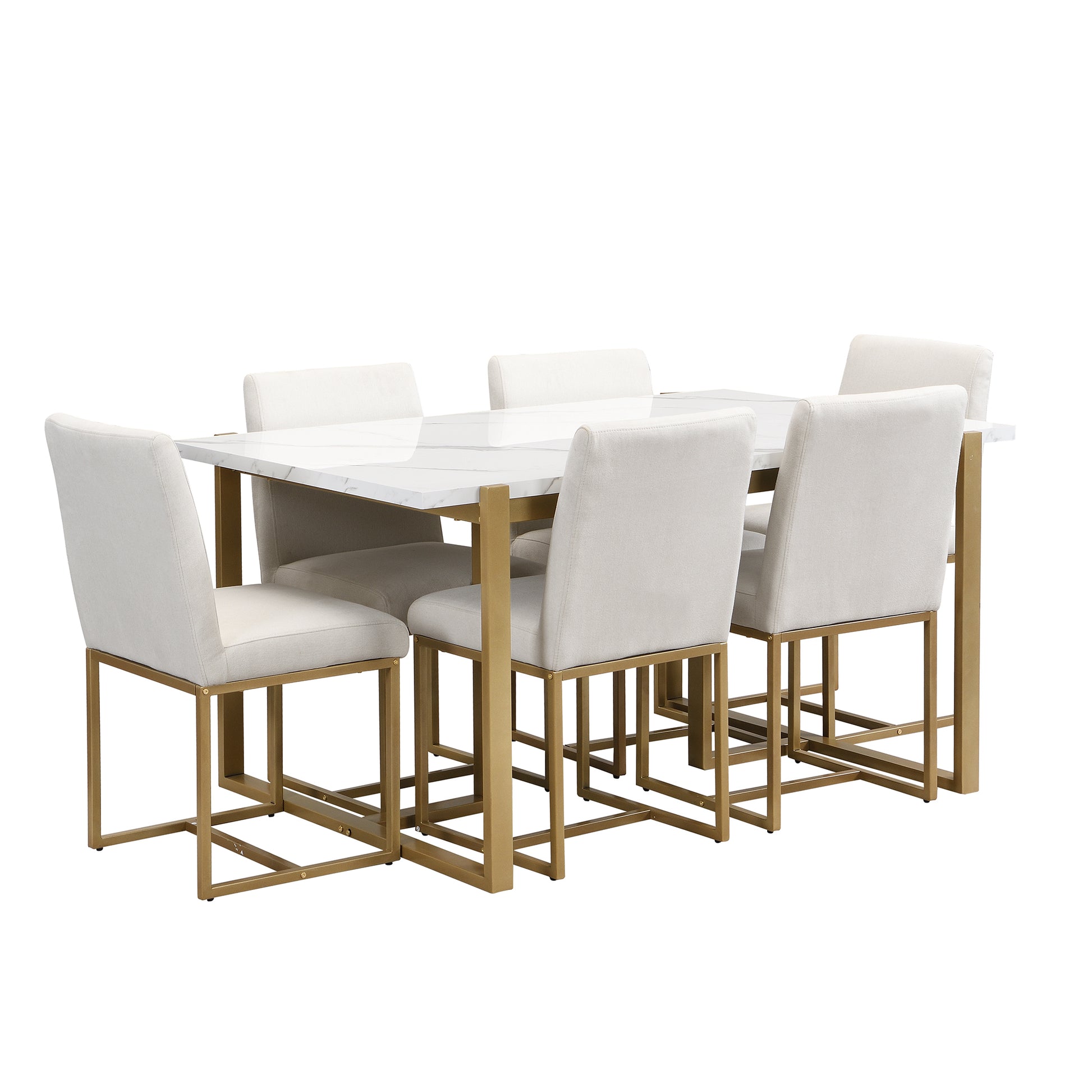 Modern Dining Table Set For 6 Faux Marble Kitchen Table Set With 6 Upholstered Dining Chairs, 7 Piece, White Golden Metal Dining Room Fixed Table Rectangular Dining Table With Chair And Bench Metal