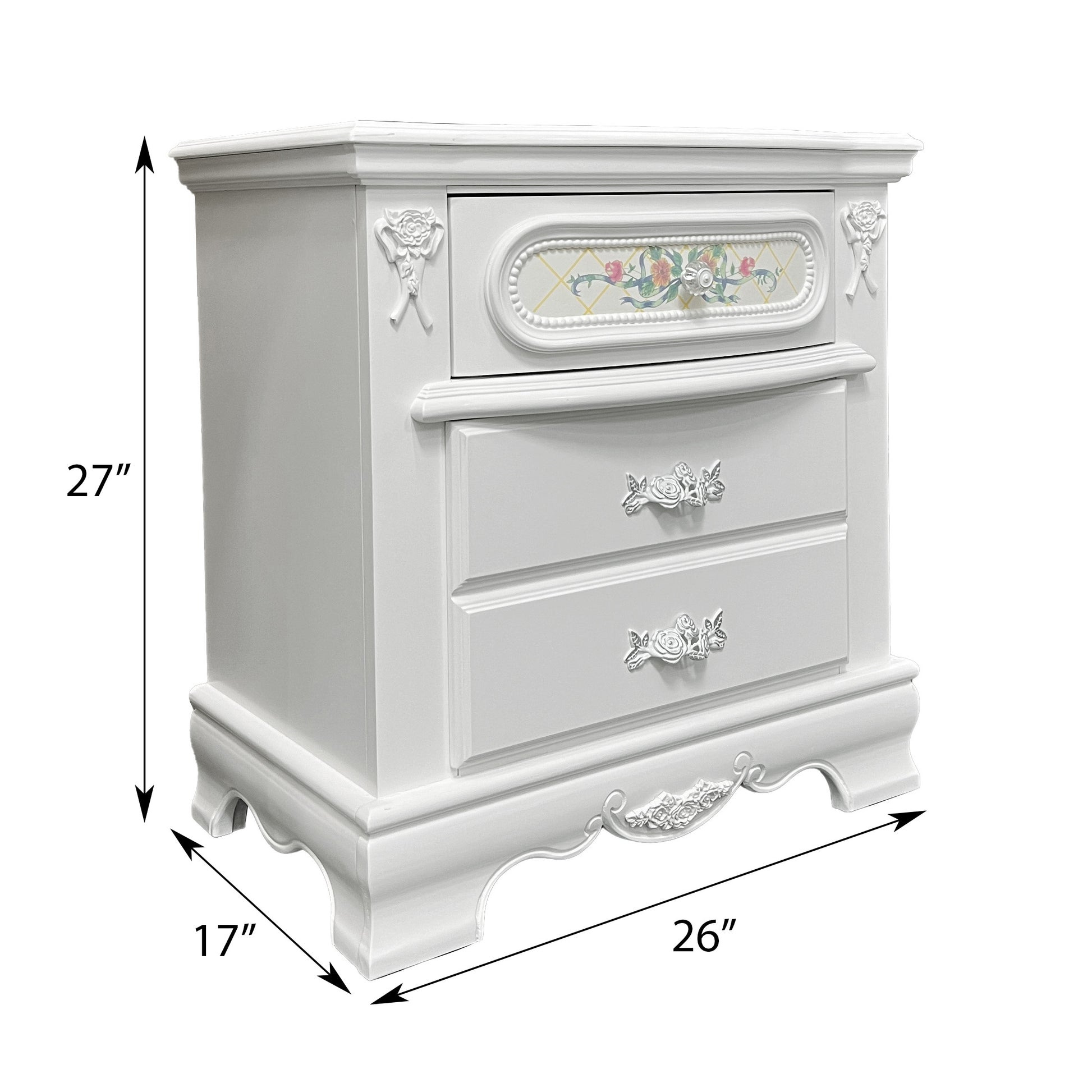 White 2 Drawer Nightstand With Floral Motifs White 3 Drawers Bedroom Rectangle Felt Lined Drawers White Wood