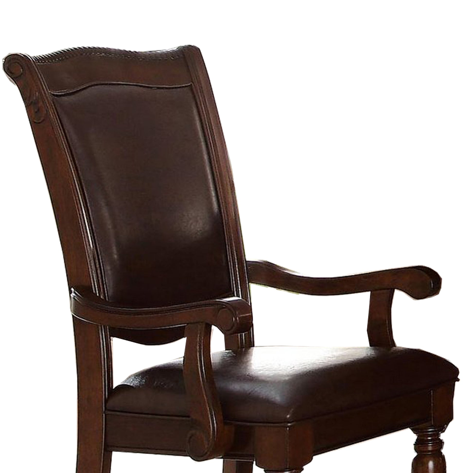 Traditional Style Wood & Leather Dining Side Arm Chair, Brown & Dark Brown, Set Of 2 Brown Wood Fabric