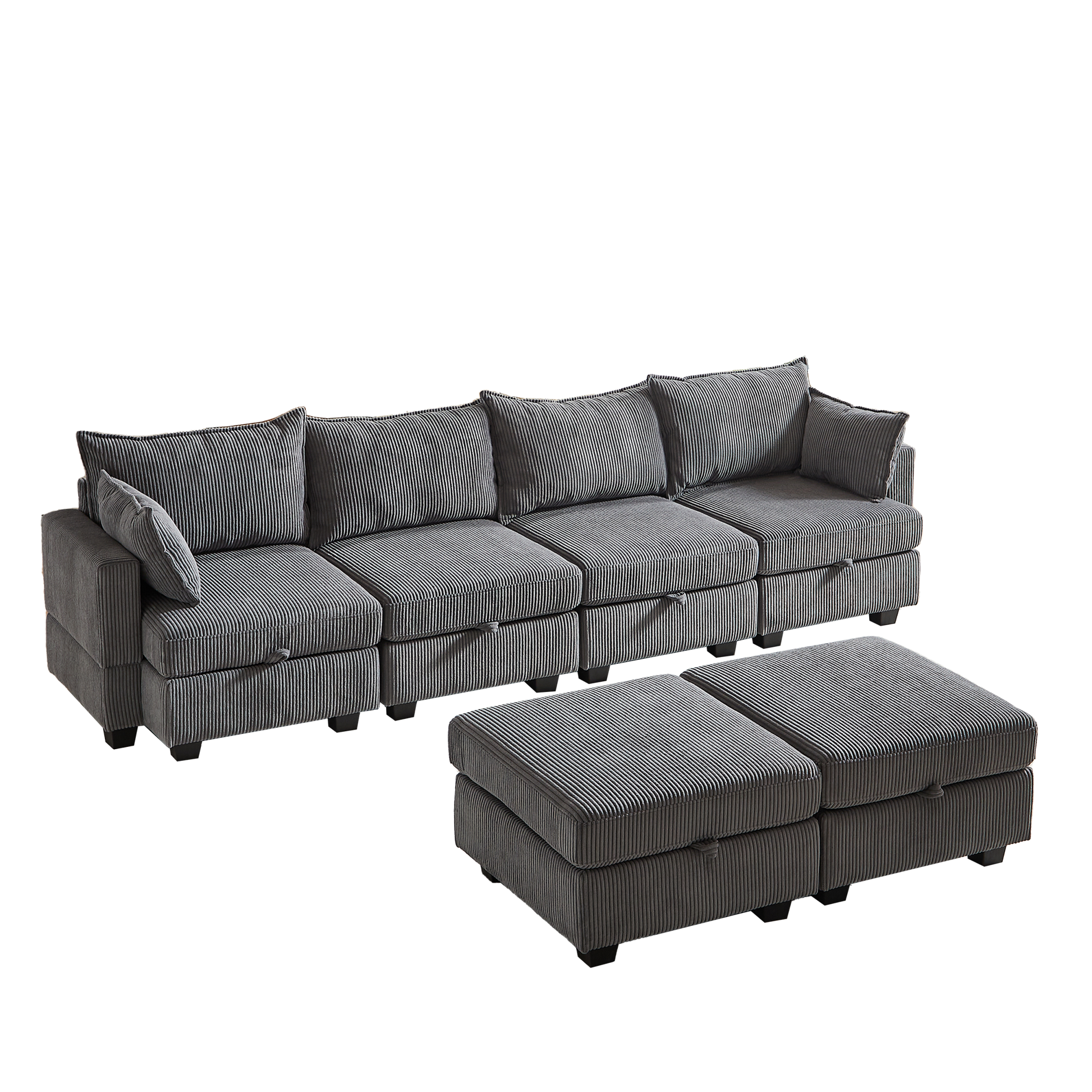 113.5'' Modular Sectiona Corduroy Sofa, Sectional Couches For Living Room U Shaped Sectional Couch With Storage Ottoman, 6 Seats Convertible Sectionals With Chaise Dark Gray Corduroy 6 Seat