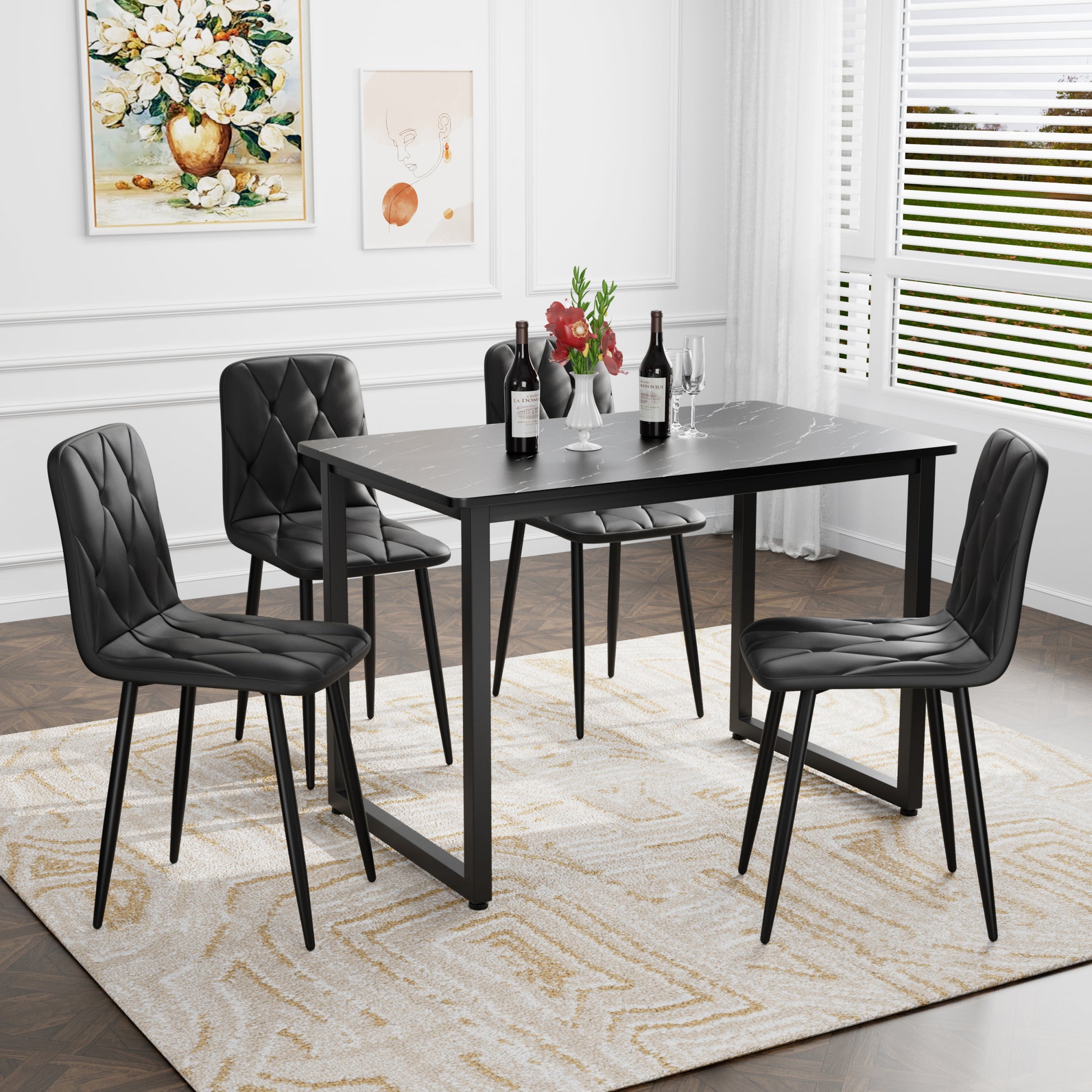 Dining Chairs Set Of 4, Modern Kitchen Dining Room Chairs, Pu Dining Chair Upholstered Cushion Seat And Sturdy Metal Legs Black Leather