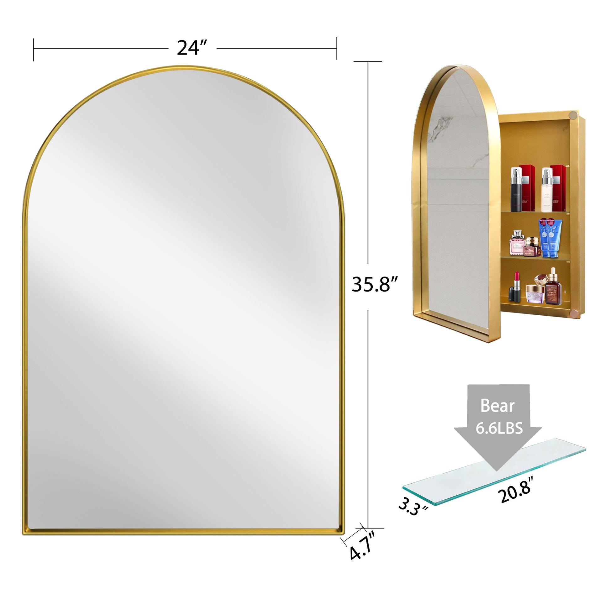 24X36 Inch Arched Recessed Medicine Cabinet, Metal Framed Bathroom Wall Cabinet With Mirror And Adjustable Shelves, Wall Mirror With Storage For Bathroom, Matte Gold Gold 2 Adjustable Shelves Bathroom Wall Mounted Metal