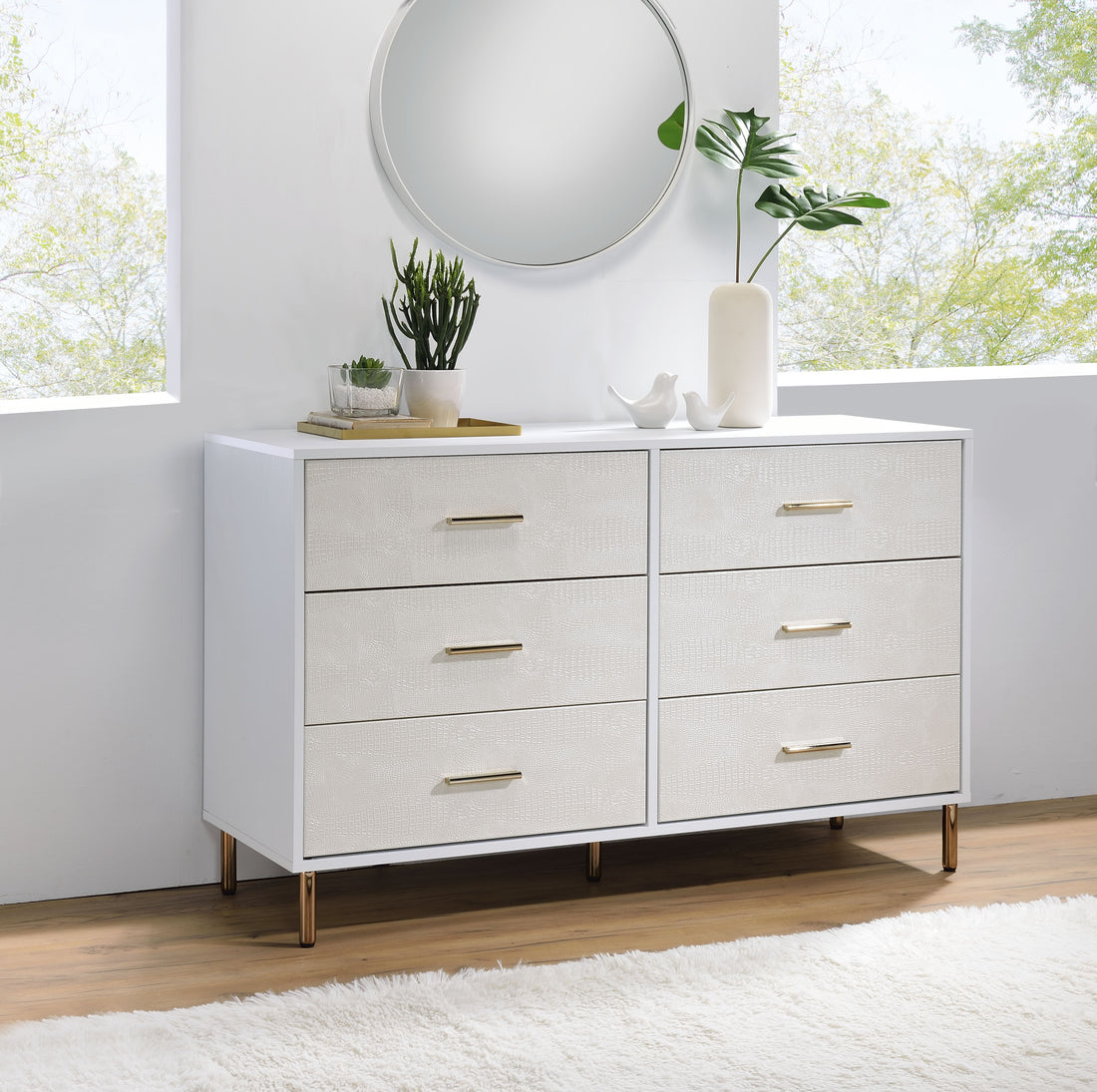 White And Champagne 6 Drawer Dresser White Gold Bedroom Wood Metal