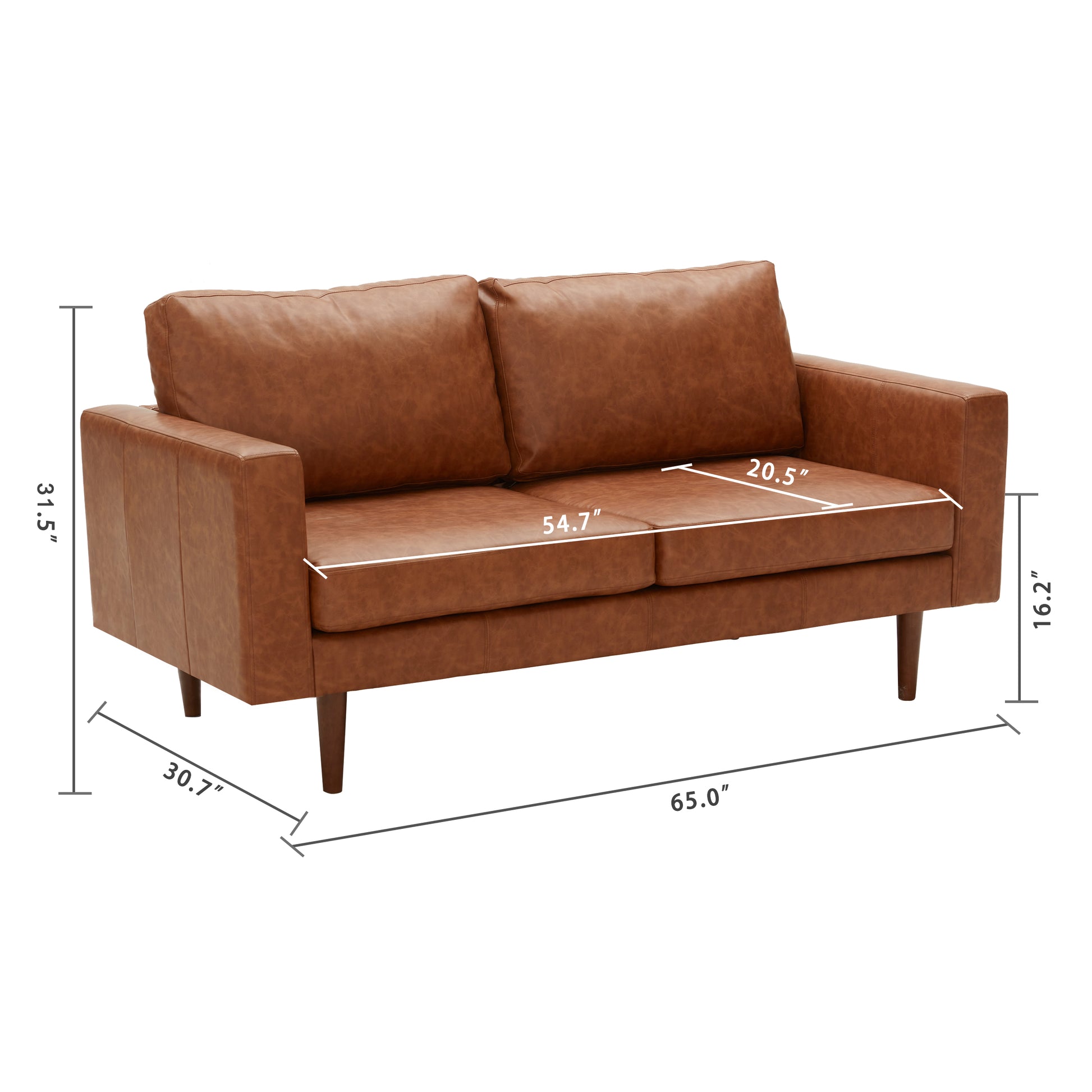 65'' Faux Leather Sofas For Living Room, Brown Couch Loveseat Small Spaces Bedroom With Solid Wooden Frame And Padded Cushion, Mid Century Modern Decor Beautiful Seats Furniture, Brown Brown Wood