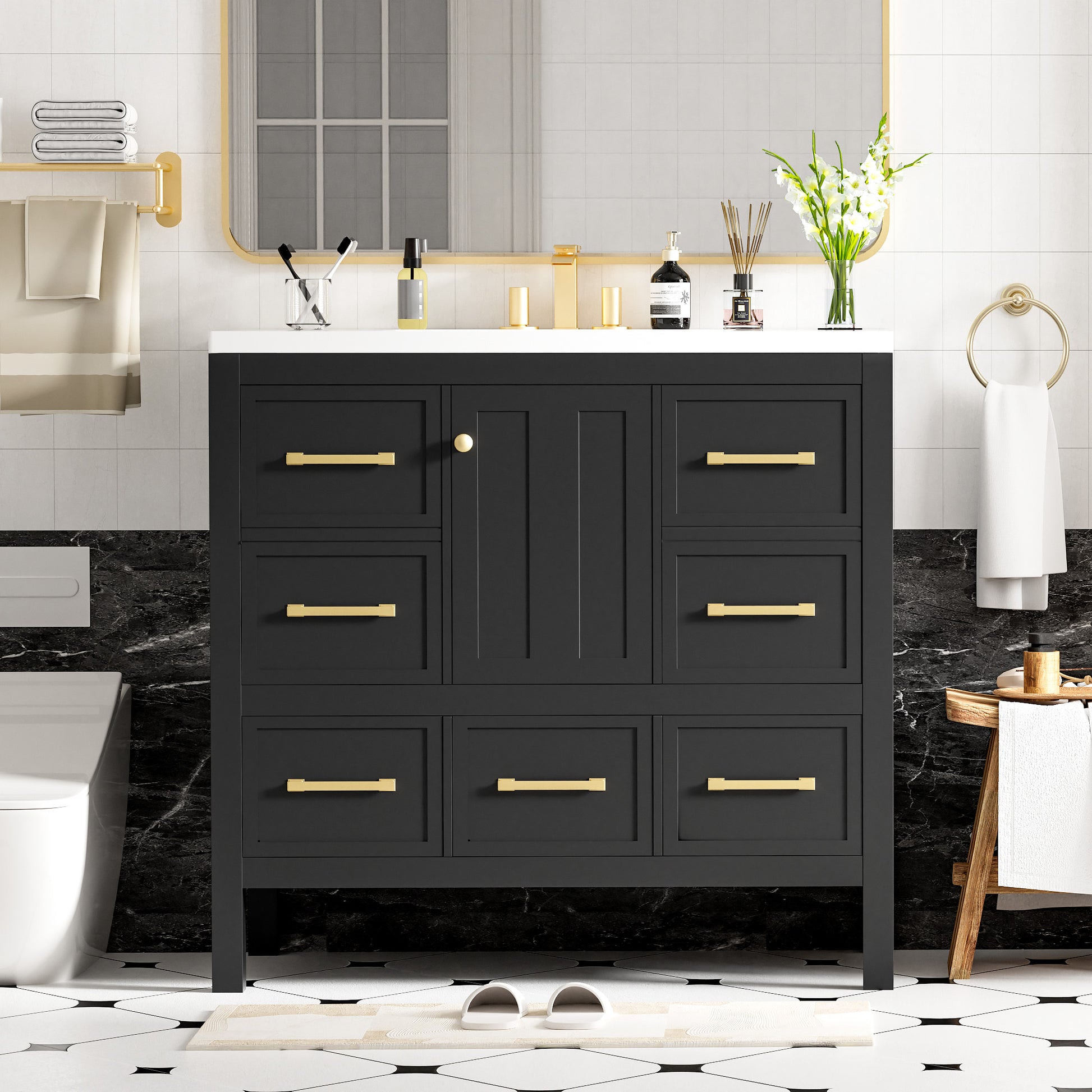 36'' Bathroom Vanity With Resin Sink Combo, Solid Wood Frame Bathroom Storage Cabinet, Freestanding Vanity Set With 5 Drawers& Soft Closing Doors Same As Sw000142Aab Black Bathroom Solid Wood Mdf Resin