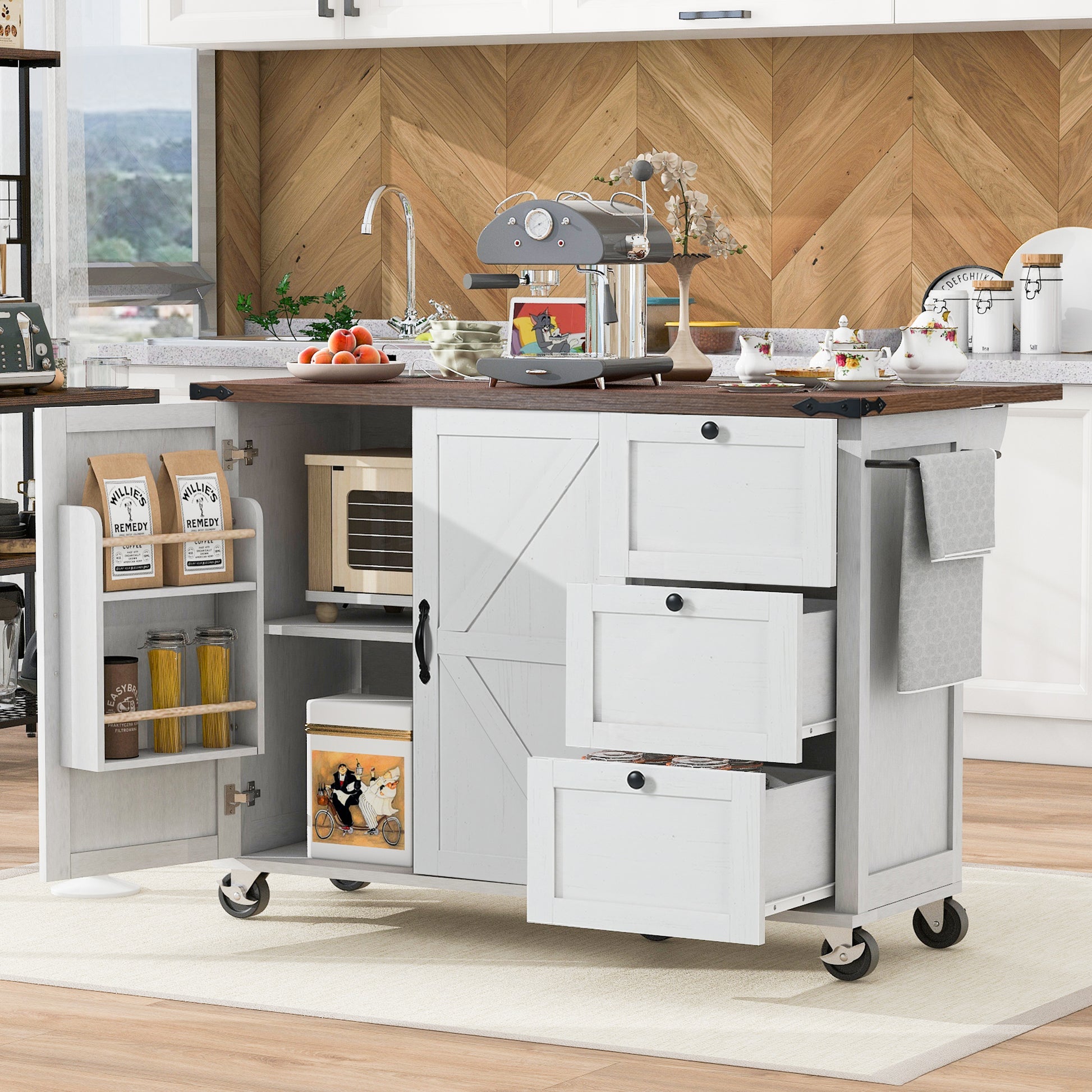 K&K 54.5" Farmhouse Kitchen Island With Power Outlet, Kitchen Storage Island With Internal Storage Rack, Drop Leaf, Spice Rack, Rolling Kitchen Cart On Wheels, For Home, Kitchen And Dining