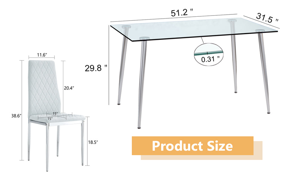 Table And Chair Set.Rectangular Dining Table With Tempered Glass Tabletop And Silver Plating Metal Legs.Paired With 6 Checkered Armless High Back Light Gray Chairs With Electroplated Metal Legs. Transparent Seats 6 Glass Metal