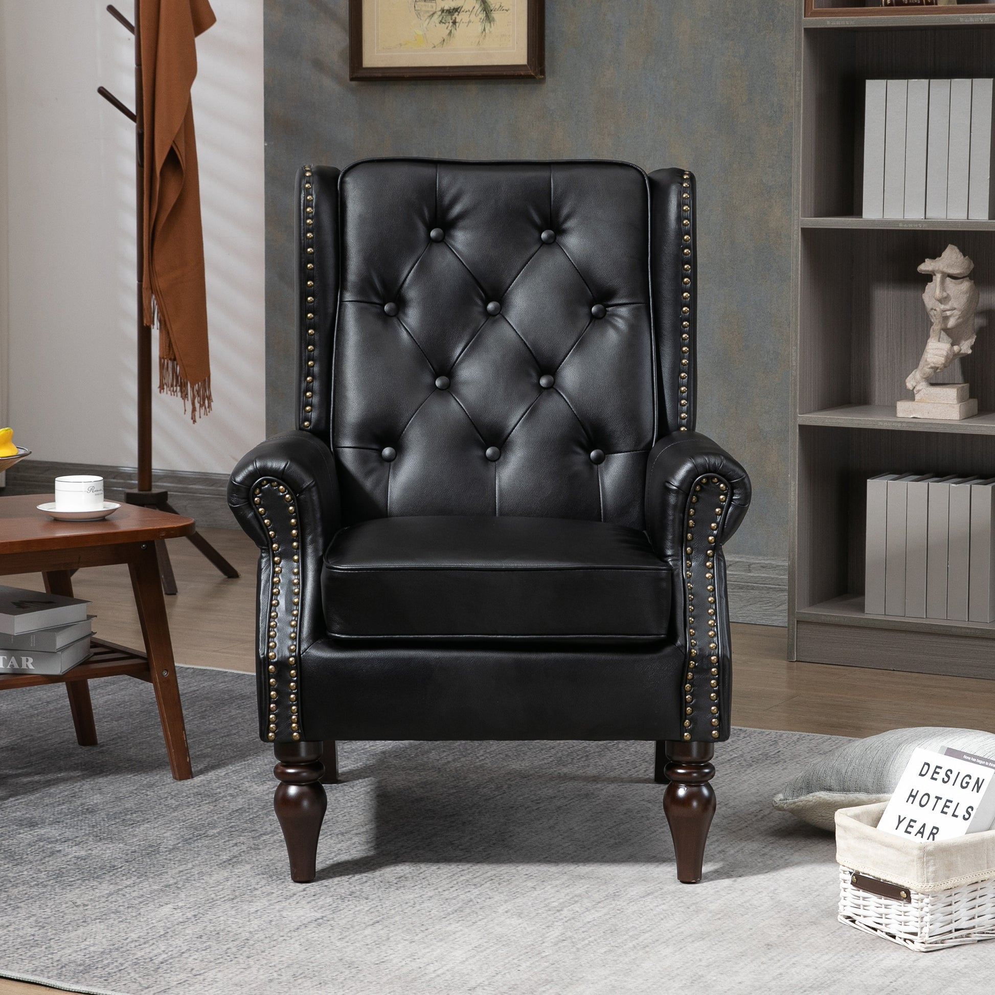 Coolmore Wood Frame Armchair, Modern Accent Chair Lounge Chair With Sturdy Wood Legs For Living Room Bedroom Black Pu Black Pu Foam Pu Leather