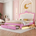 Full Size Upholstered Bed Frame With Led Lights, Modern Upholstered Princess Bed With Crown Headboard, 2 Drawers, Pink White Box Spring Not Required Full Pink White Wood Bathroom Modern Bed Frame Pu