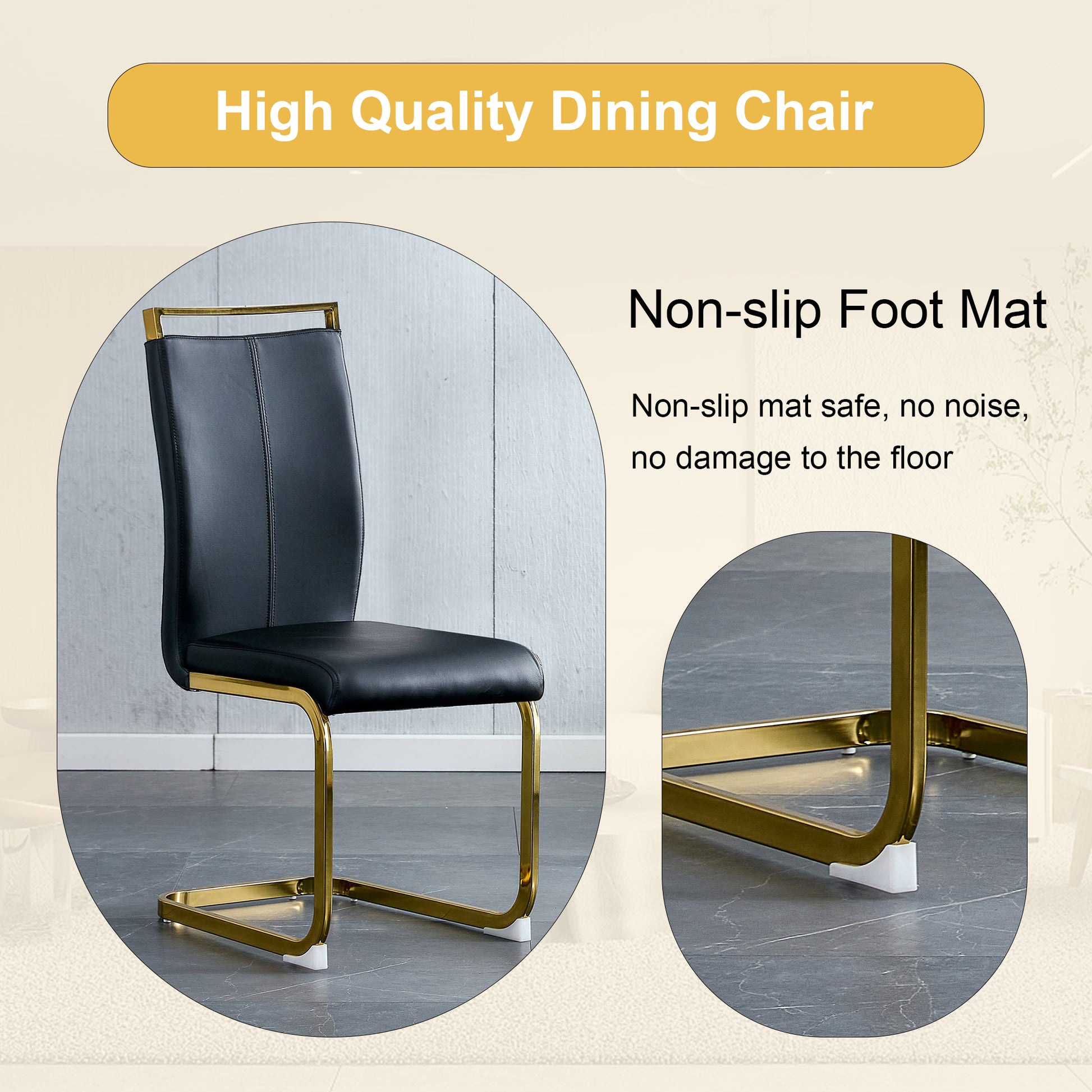 Table And Chair Set.67"X36" White Marble Pattern Mdf Dining Table Set With 8 Black Pu Chairs.Mdf Sticker,White Marble Pattern Sticker,Gold C Tube Chair Legs,Suitable For Kitchen,Dining Room,Etc.