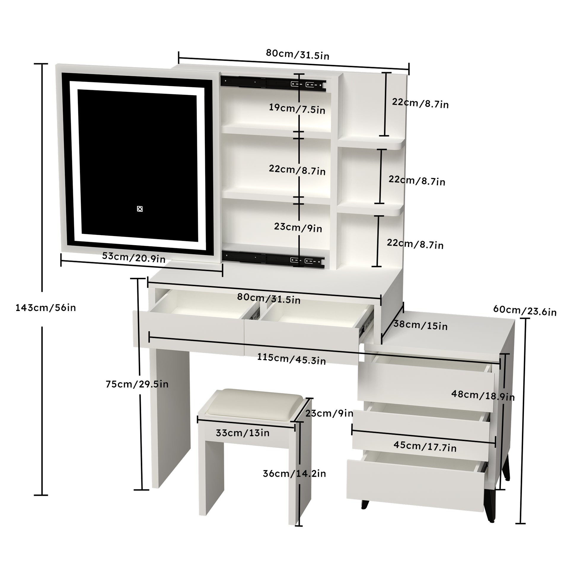 45.3" Long Large Vanity Desk With Mirror And Lights For Makeup And Chair, Vanity Mirror With Lights And Table Set With 3 Color Lighting Brightness Adjustable, 5 Drawers, White Color White 5 Drawers