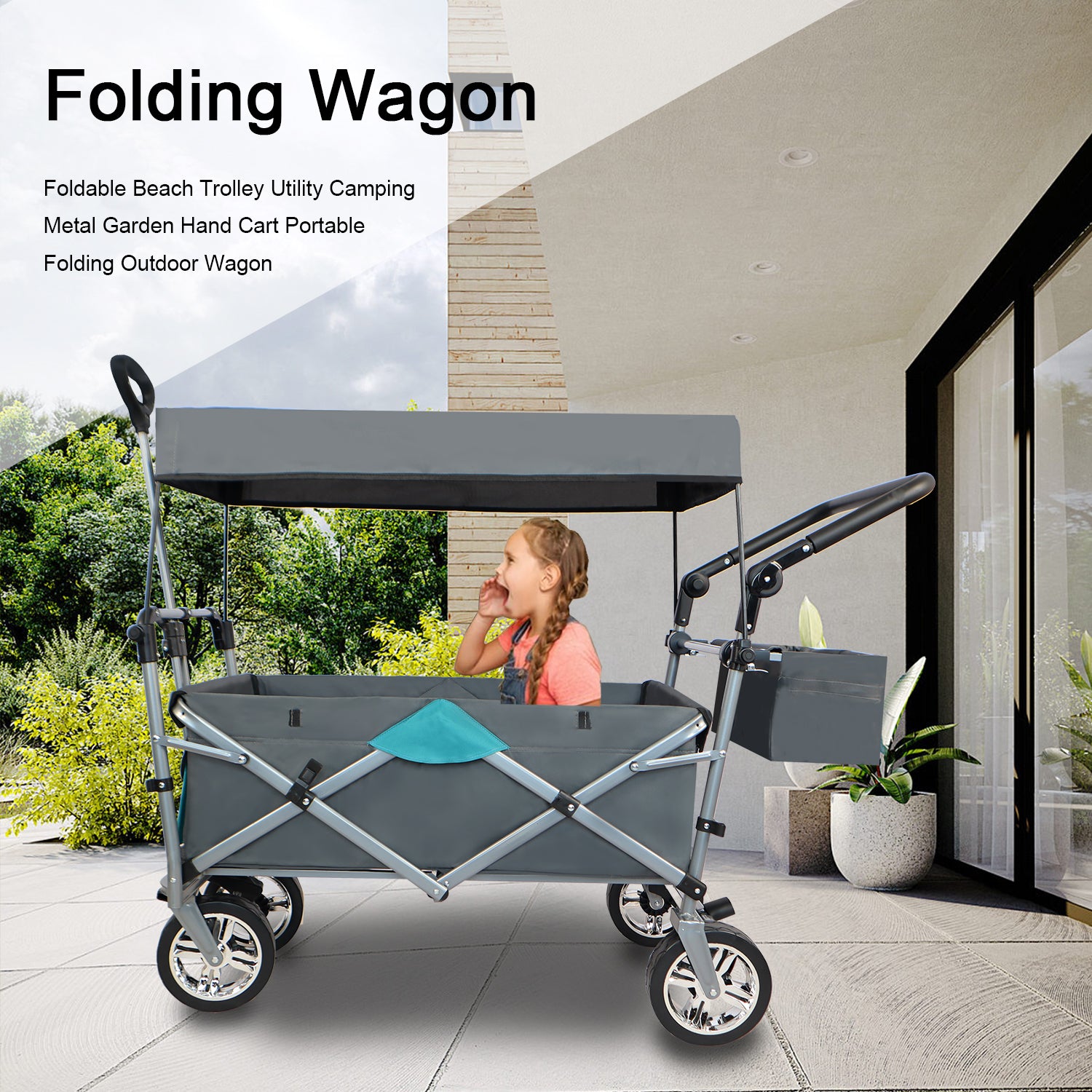 Push & Pull Utility Folding Wagon With Removable Canopy Gray Oxford Fabric Metal