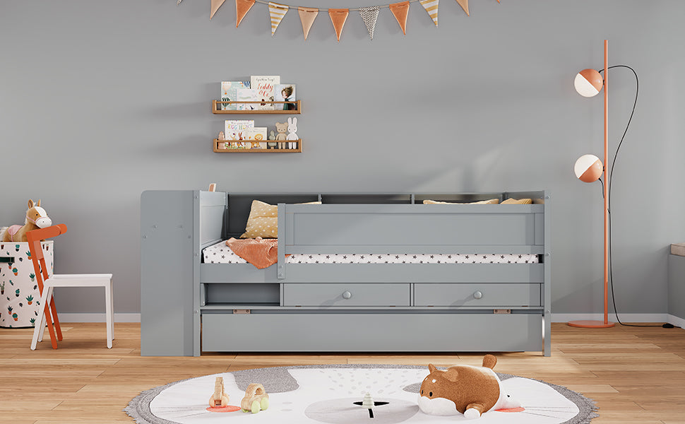 Multi Functional Twin Daybed With Drawers And Trundle, Headboard Storage And Tables, Usb Charging Station, Gray Box Spring Not Required Twin Gray Wood Daybeds Pine