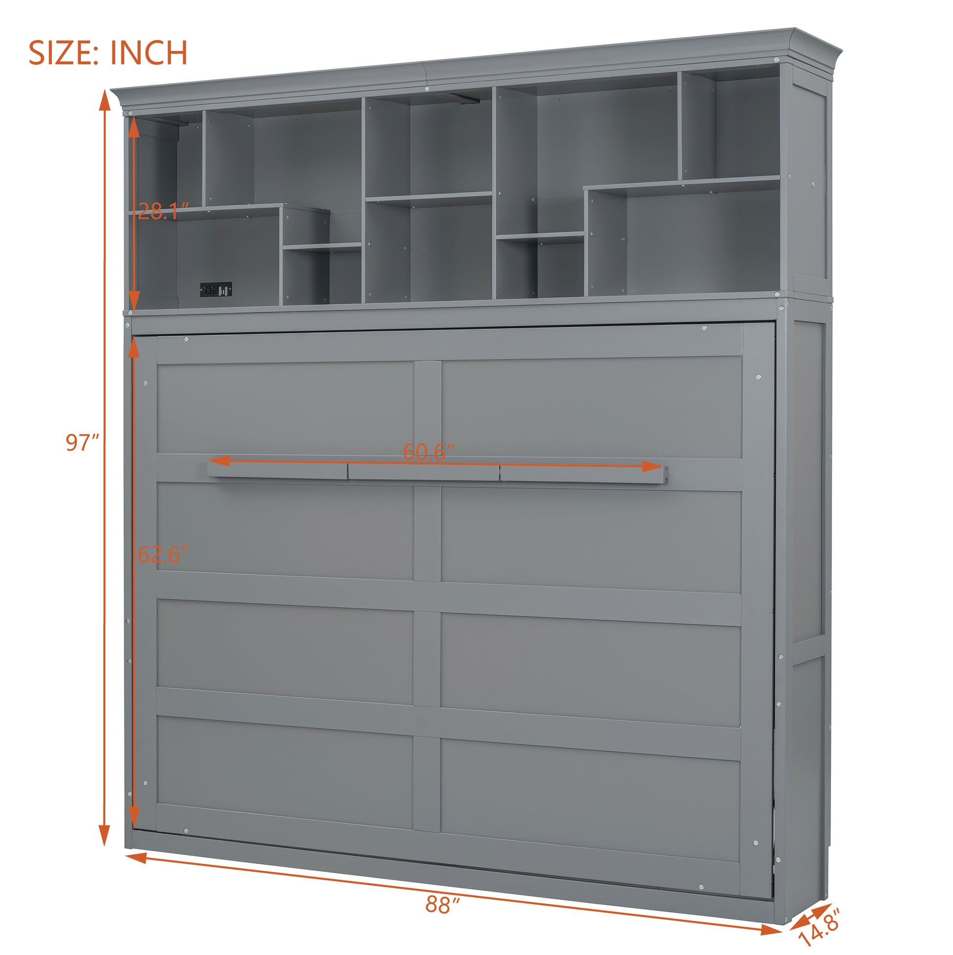 Queen Size Murphy Bed Wall Bed With Top Shelves & Usb,Gray Queen Gray Plywood