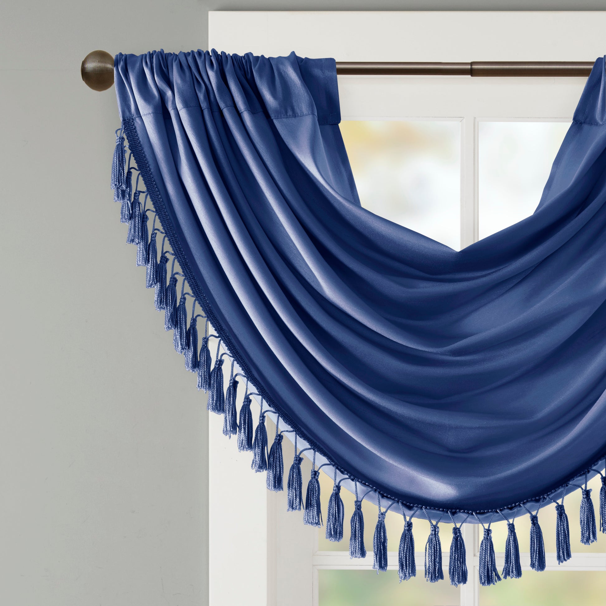 Faux Silk Waterfall Embellished Valance Navy 38X46" Navy Polyester